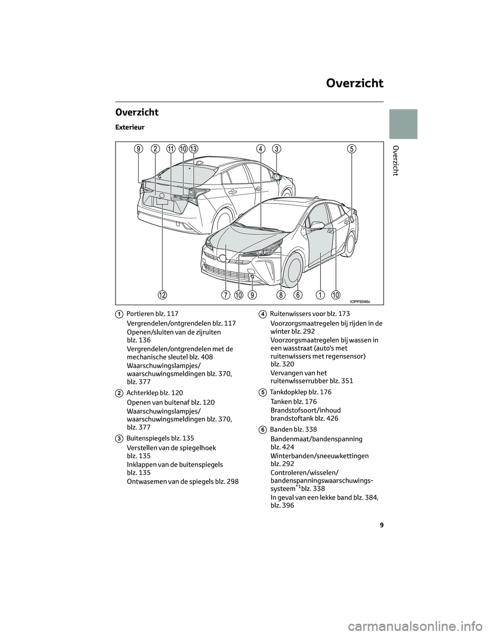 TOYOTA PRIUS 2023 Instructieboekje (in Dutch) Overzicht
Exterieur
1Portieren blz. 117
Vergrendelen/ontgrendelen blz. 117
Openen/sluiten van de zijruiten
blz. 136
Vergrendelen/ontgrendelen met de
mechanische sleutel blz. 408
Waarschuwingslampjes/
TOYOTA PRIUS 2023 Instructieboekje (in Dutch) Overzicht
Exterieur
1Portieren blz. 117
Vergrendelen/ontgrendelen blz. 117
Openen/sluiten van de zijruiten
blz. 136
Vergrendelen/ontgrendelen met de
mechanische sleutel blz. 408
Waarschuwingslampjes/