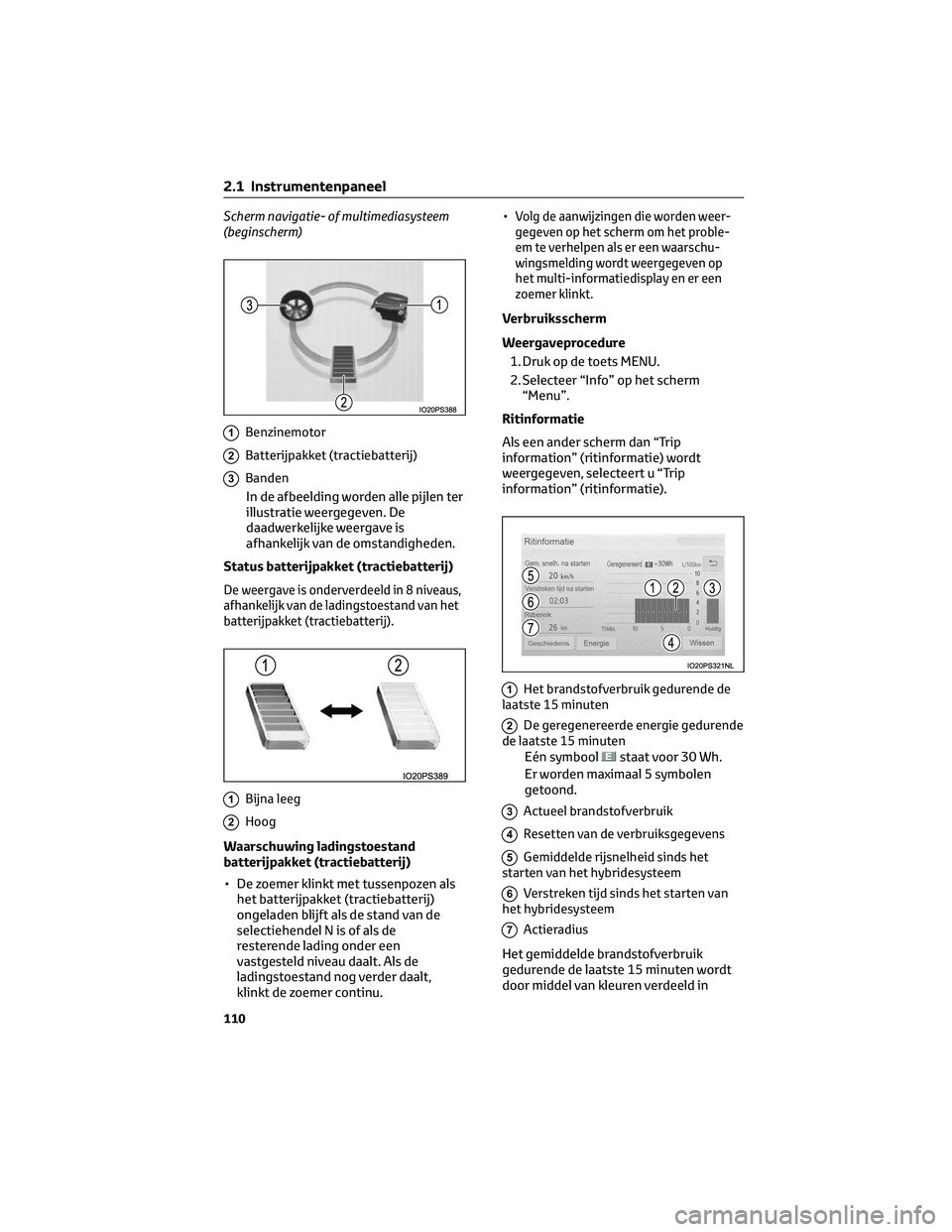 TOYOTA PRIUS 2023 Instructieboekje (in Dutch) Scherm navigatie- of multimediasysteem
(beginscherm)
1Benzinemotor
2Batterijpakket (tractiebatterij)
3Banden
In de afbeelding worden alle pijlen ter
illustratie weergegeven. De
daadwerkelijke weergave TOYOTA PRIUS 2023 Instructieboekje (in Dutch) Scherm navigatie- of multimediasysteem
(beginscherm)
1Benzinemotor
2Batterijpakket (tractiebatterij)
3Banden
In de afbeelding worden alle pijlen ter
illustratie weergegeven. De
daadwerkelijke weergave