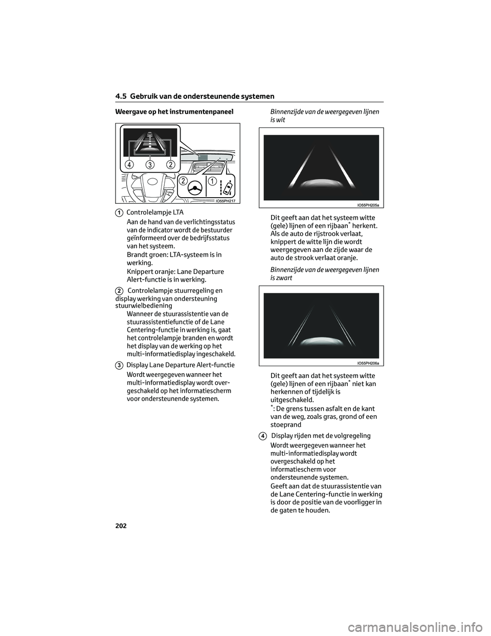 TOYOTA PRIUS 2023 Instructieboekje (in Dutch) Weergave op het instrumentenpaneel
1Controlelampje LTA
Aan de hand van de verlichtingsstatus
van de indicator wordt de bestuurder
geïnformeerd over de bedrijfsstatus
van het systeem.
Brandt groen: LT TOYOTA PRIUS 2023 Instructieboekje (in Dutch) Weergave op het instrumentenpaneel
1Controlelampje LTA
Aan de hand van de verlichtingsstatus
van de indicator wordt de bestuurder
geïnformeerd over de bedrijfsstatus
van het systeem.
Brandt groen: LT