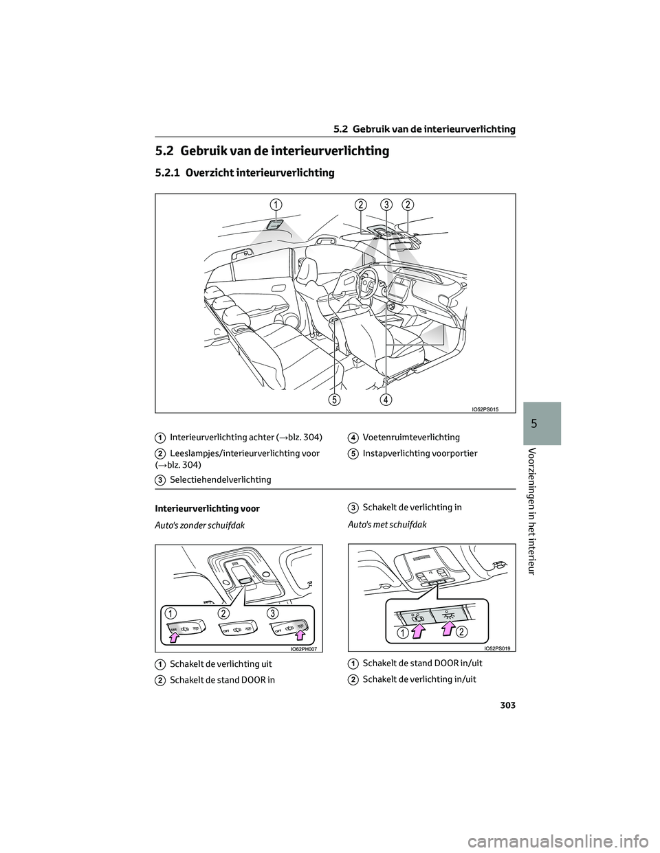 TOYOTA PRIUS 2023 Instructieboekje (in Dutch) 5.2 Gebruik van de interieurverlichting
5.2.1 Overzicht interieurverlichting
1Interieurverlichting achter (→blz. 304)
2Leeslampjes/interieurverlichting voor
(→blz. 304)
3Selectiehendelverlichting
TOYOTA PRIUS 2023 Instructieboekje (in Dutch) 5.2 Gebruik van de interieurverlichting
5.2.1 Overzicht interieurverlichting
1Interieurverlichting achter (→blz. 304)
2Leeslampjes/interieurverlichting voor
(→blz. 304)
3Selectiehendelverlichting