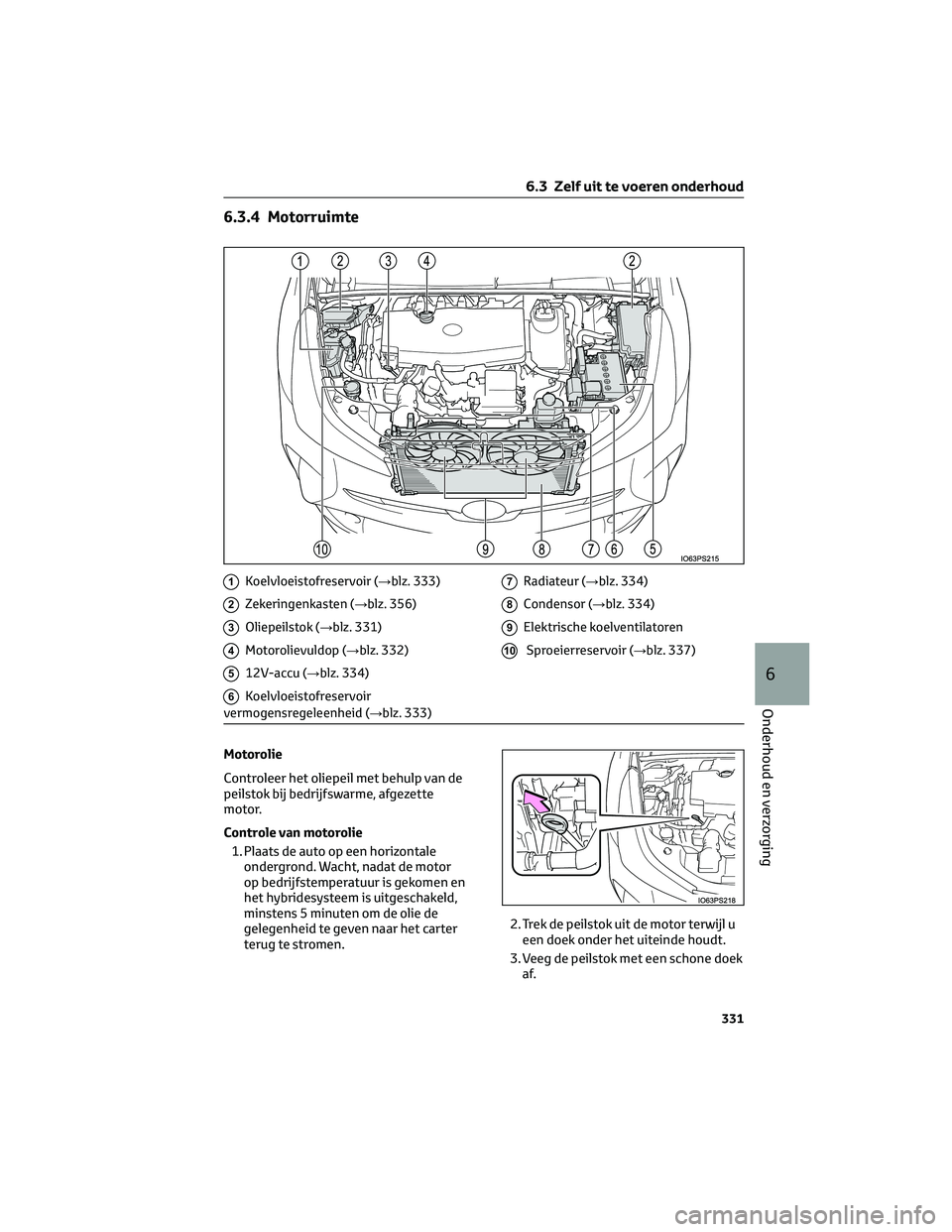 TOYOTA PRIUS 2023 Instructieboekje (in Dutch) 6.3.4 Motorruimte
1Koelvloeistofreservoir (→blz. 333)
2Zekeringenkasten (→blz. 356)
3Oliepeilstok (→blz. 331)
4Motorolievuldop (→blz. 332)
512V-accu (→blz. 334)
6Koelvloeistofreservoir
vermo TOYOTA PRIUS 2023 Instructieboekje (in Dutch) 6.3.4 Motorruimte
1Koelvloeistofreservoir (→blz. 333)
2Zekeringenkasten (→blz. 356)
3Oliepeilstok (→blz. 331)
4Motorolievuldop (→blz. 332)
512V-accu (→blz. 334)
6Koelvloeistofreservoir
vermo