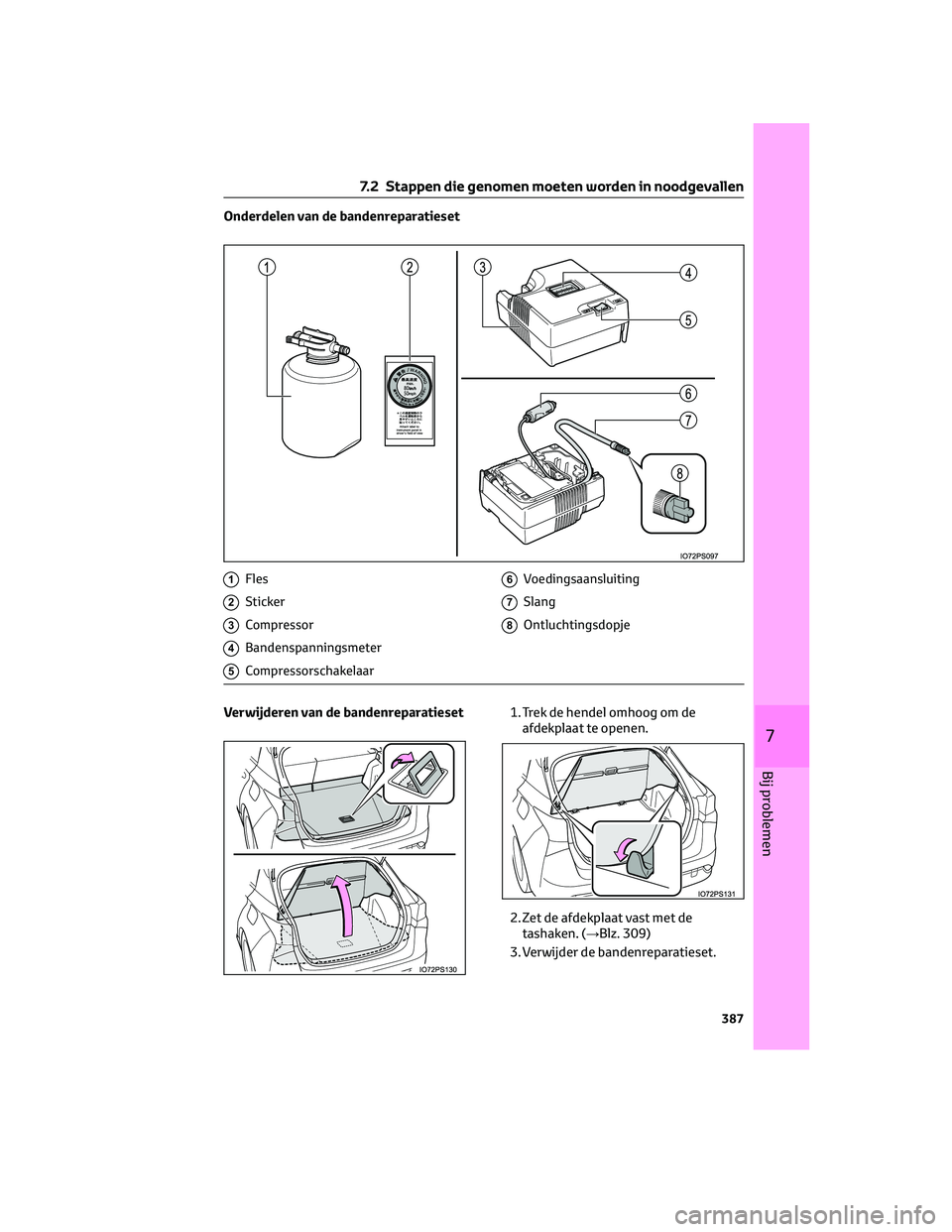 TOYOTA PRIUS 2023 Instructieboekje (in Dutch) Onderdelen van de bandenreparatieset
1Fles
2Sticker
3Compressor
4Bandenspanningsmeter
5Compressorschakelaar
6Voedingsaansluiting
7Slang
8Ontluchtingsdopje
Verwijderen van de bandenreparatieset1. Trek TOYOTA PRIUS 2023 Instructieboekje (in Dutch) Onderdelen van de bandenreparatieset
1Fles
2Sticker
3Compressor
4Bandenspanningsmeter
5Compressorschakelaar
6Voedingsaansluiting
7Slang
8Ontluchtingsdopje
Verwijderen van de bandenreparatieset1. Trek