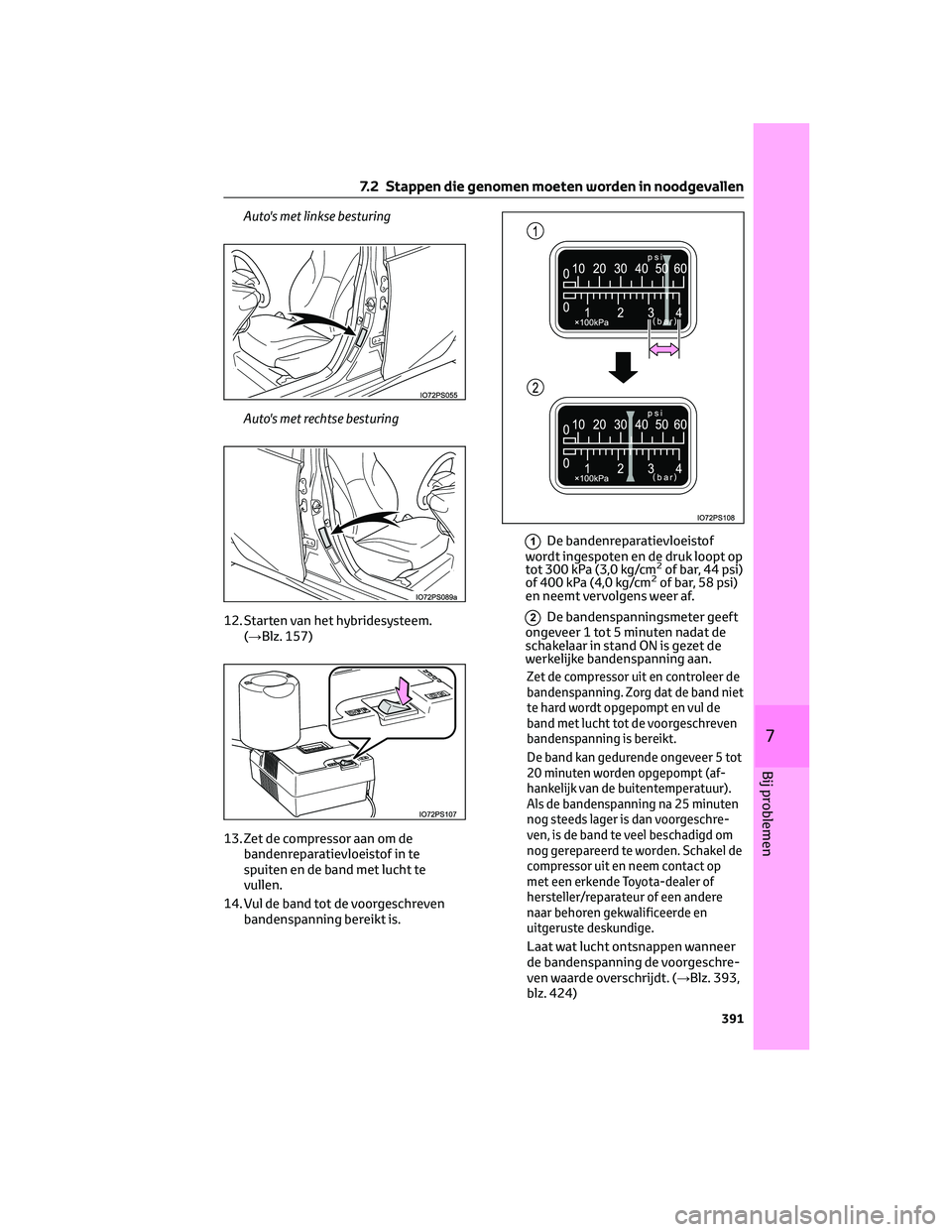 TOYOTA PRIUS 2023  Instructieboekje (in Dutch) Auto's met linkse besturing
Auto's met rechtse besturing
12. Starten van het hybridesysteem.
(→Blz. 157)
13. Zet de compressor aan om de
bandenreparatievloeistof in te
spuiten en de band met