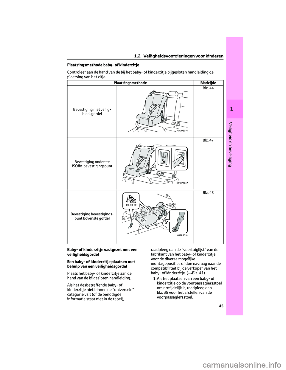 TOYOTA PRIUS 2023  Instructieboekje (in Dutch) Plaatsingsmethode baby- of kinderzitje
Controleer aan de hand van de bij het baby- of kinderzitje bijgesloten handleiding de
plaatsing van het zitje.
Plaatsingsmethode Bladzijde
Bevestiging met veilig