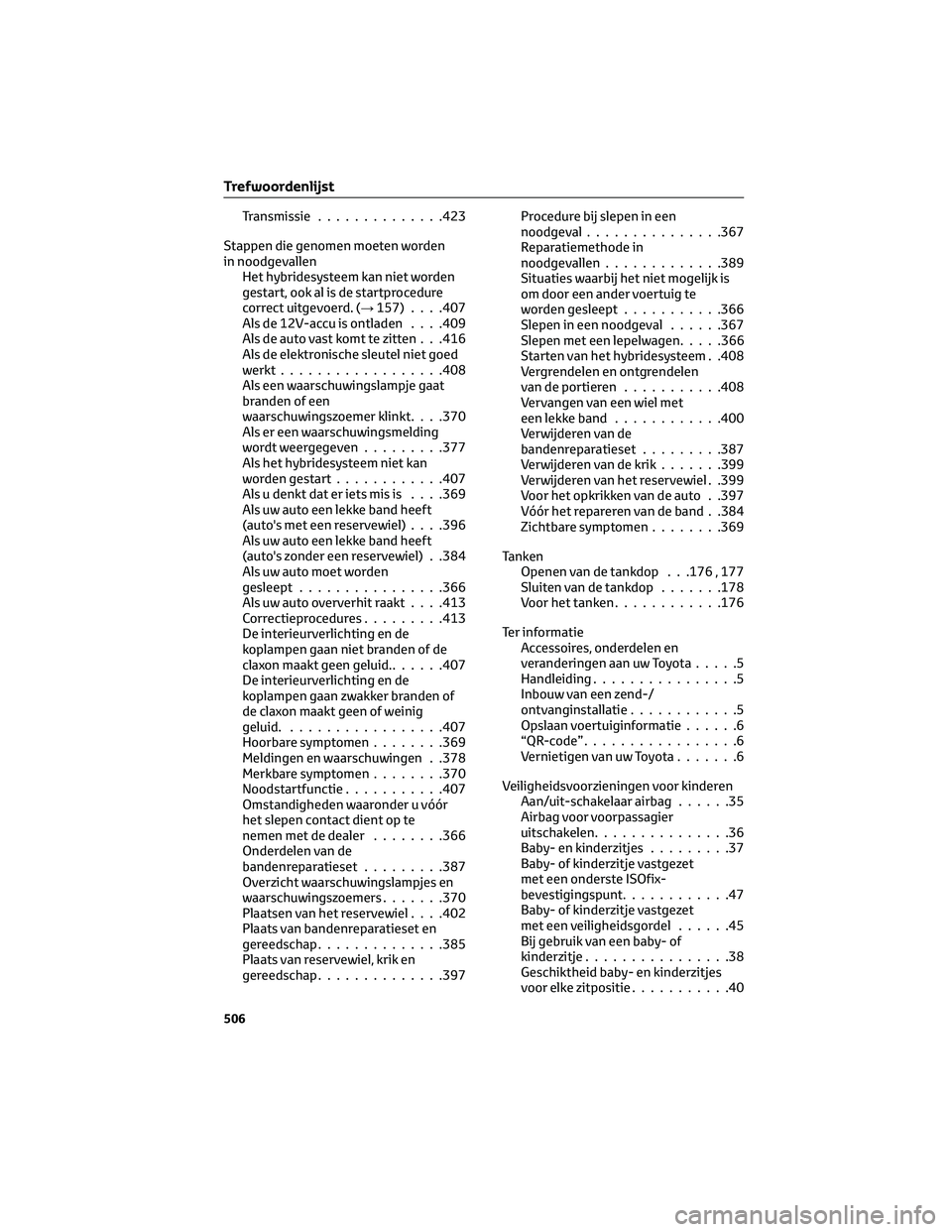 TOYOTA PRIUS 2023 Instructieboekje (in Dutch) Transmissie..............423
Stappen die genomen moeten worden
in noodgevallen
Het hybridesysteem kan niet worden
gestart, ook al is de startprocedure
correct uitgevoerd. (→157). . . .407
Als de 12V TOYOTA PRIUS 2023 Instructieboekje (in Dutch) Transmissie..............423
Stappen die genomen moeten worden
in noodgevallen
Het hybridesysteem kan niet worden
gestart, ook al is de startprocedure
correct uitgevoerd. (→157). . . .407
Als de 12V