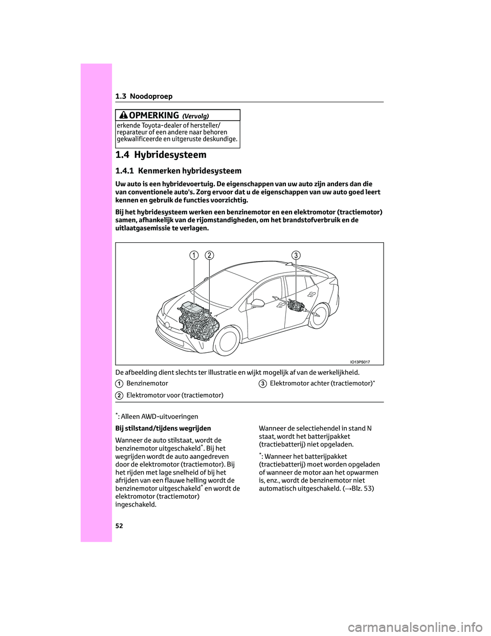 TOYOTA PRIUS 2023  Instructieboekje (in Dutch) OPMERKING(Vervolg)
erkende Toyota-dealer of hersteller/
reparateur of een andere naar behoren
gekwalificeerde en uitgeruste deskundige.
1.4 Hybridesysteem
1.4.1 Kenmerken hybridesysteem
Uw auto is een
