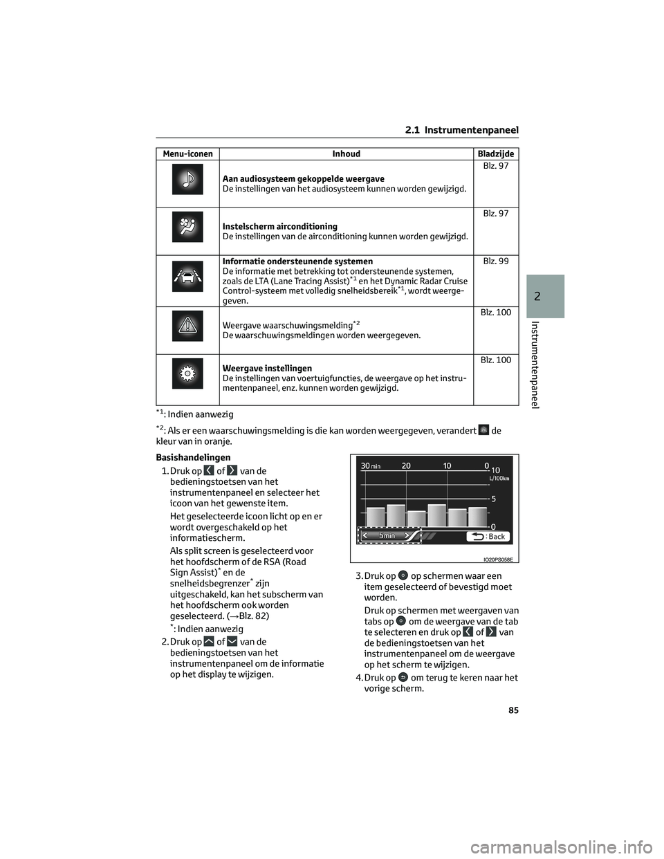 TOYOTA PRIUS 2023 Instructieboekje (in Dutch) Menu-iconenInhoud Bladzijde
Aan audiosysteem gekoppelde weergave
De instellingen van het audiosysteem kunnen worden gewijzigd.Blz. 97
Instelscherm airconditioning
De instellingen van de airconditionin TOYOTA PRIUS 2023 Instructieboekje (in Dutch) Menu-iconenInhoud Bladzijde
Aan audiosysteem gekoppelde weergave
De instellingen van het audiosysteem kunnen worden gewijzigd.Blz. 97
Instelscherm airconditioning
De instellingen van de airconditionin