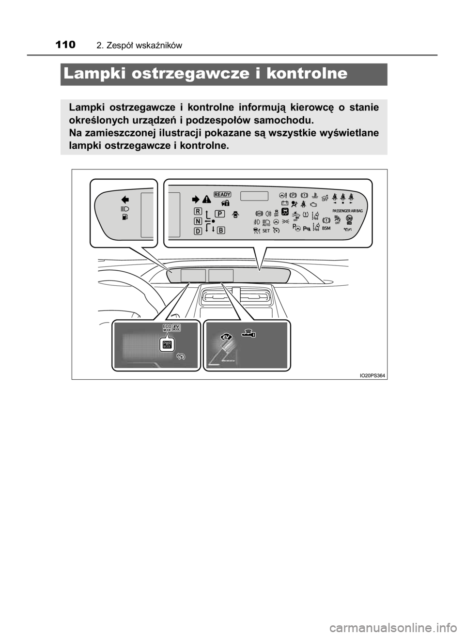 TOYOTA PRIUS 2023  Instrukcja obsługi (in Polish) 1102. Zespó∏ wskaêników
Lampki ostrzegawcze i kontrolne
Lampki  ostrzegawcze  i kontrolne  informujà  kierowc´  o stanie
okreÊlonych urzàdzeƒ i podzespo∏ów samochodu.
Na zamieszczonej ilu