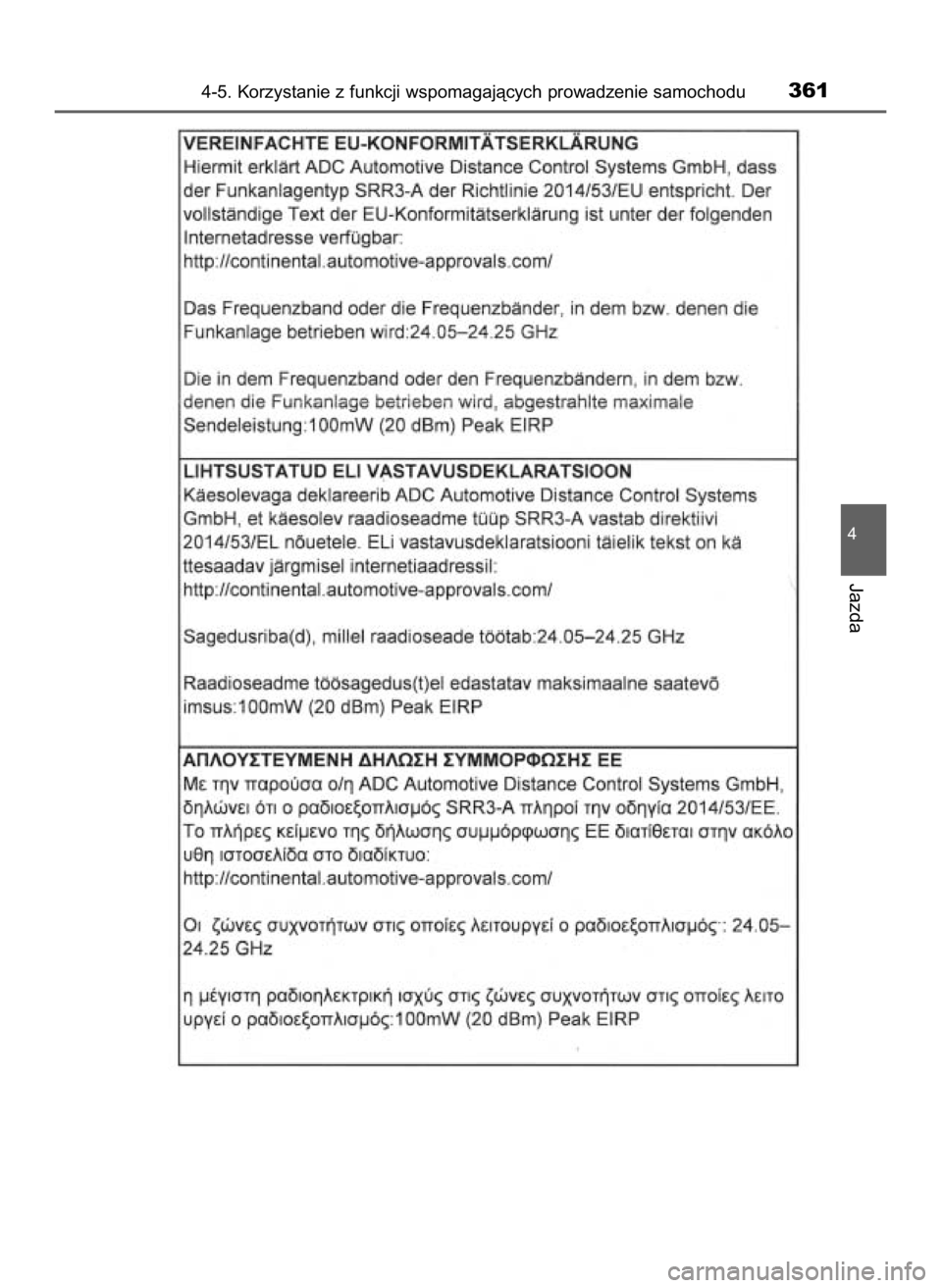 TOYOTA PRIUS 2023 Instrukcja obsługi (in Polish) 4-5. Korzystanie z funkcji wspomagajàcych prowadzenie samochodu361
4
Jazda
29 PRIUS OM47F32E 8/23/22 11:09 AM Page 361 (Black plate) TOYOTA PRIUS 2023 Instrukcja obsługi (in Polish) 4-5. Korzystanie z funkcji wspomagajàcych prowadzenie samochodu361
4
Jazda
29 PRIUS OM47F32E 8/23/22 11:09 AM Page 361 (Black plate)