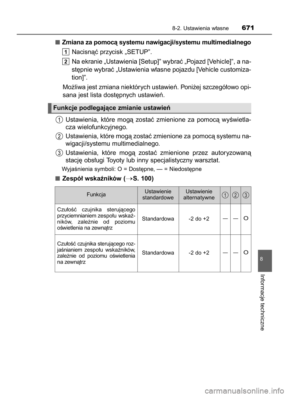 TOYOTA PRIUS 2023  Instrukcja obsługi (in Polish) Zmiana za pomocà systemu nawigacji/systemu multimedialnego
Nacisnàç przycisk „SETUP”.
Na ekranie „Ustawienia [Setup]” wybraç „Pojazd [Vehicle]”, a na-
st´pnie wybraç „Ustawienia w