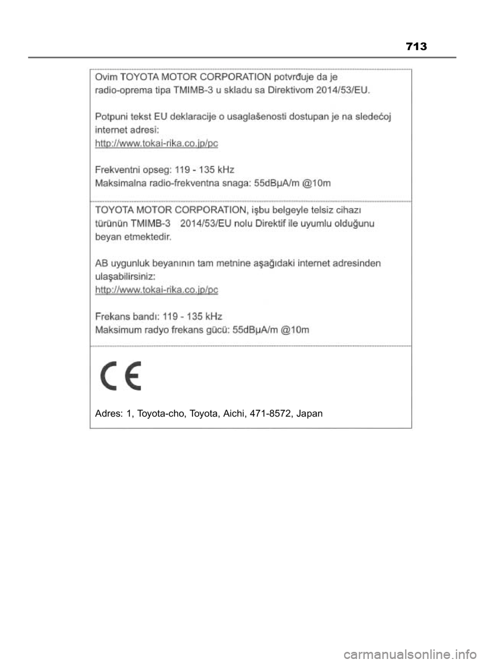 TOYOTA PRIUS 2023 Instrukcja obsługi (in Polish) 713
Adres: 1, Toyota-cho, Toyota, Aichi, 471-8572, Japan
29 PRIUS OM47F32E 8/23/22 11:11 AM Page 713 (Black plate) TOYOTA PRIUS 2023 Instrukcja obsługi (in Polish) 713
Adres: 1, Toyota-cho, Toyota, Aichi, 471-8572, Japan
29 PRIUS OM47F32E 8/23/22 11:11 AM Page 713 (Black plate)