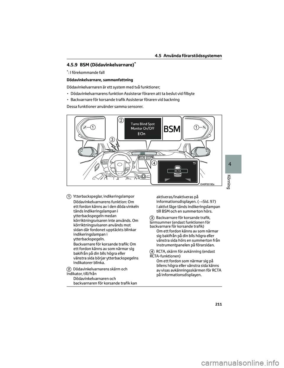TOYOTA PRIUS 2023 Bruksanvisningar (in Swedish) 4.5.9 BSM (Dödavinkelvarnare)*
*: I förekommande fall
Dödavinkelvarnare, sammanfattning
Dödavinkelvarnaren är ett system med två funktioner;
• Dödavinkelvarnarens funktion Assisterar föraren TOYOTA PRIUS 2023 Bruksanvisningar (in Swedish) 4.5.9 BSM (Dödavinkelvarnare)*
*: I förekommande fall
Dödavinkelvarnare, sammanfattning
Dödavinkelvarnaren är ett system med två funktioner;
• Dödavinkelvarnarens funktion Assisterar föraren