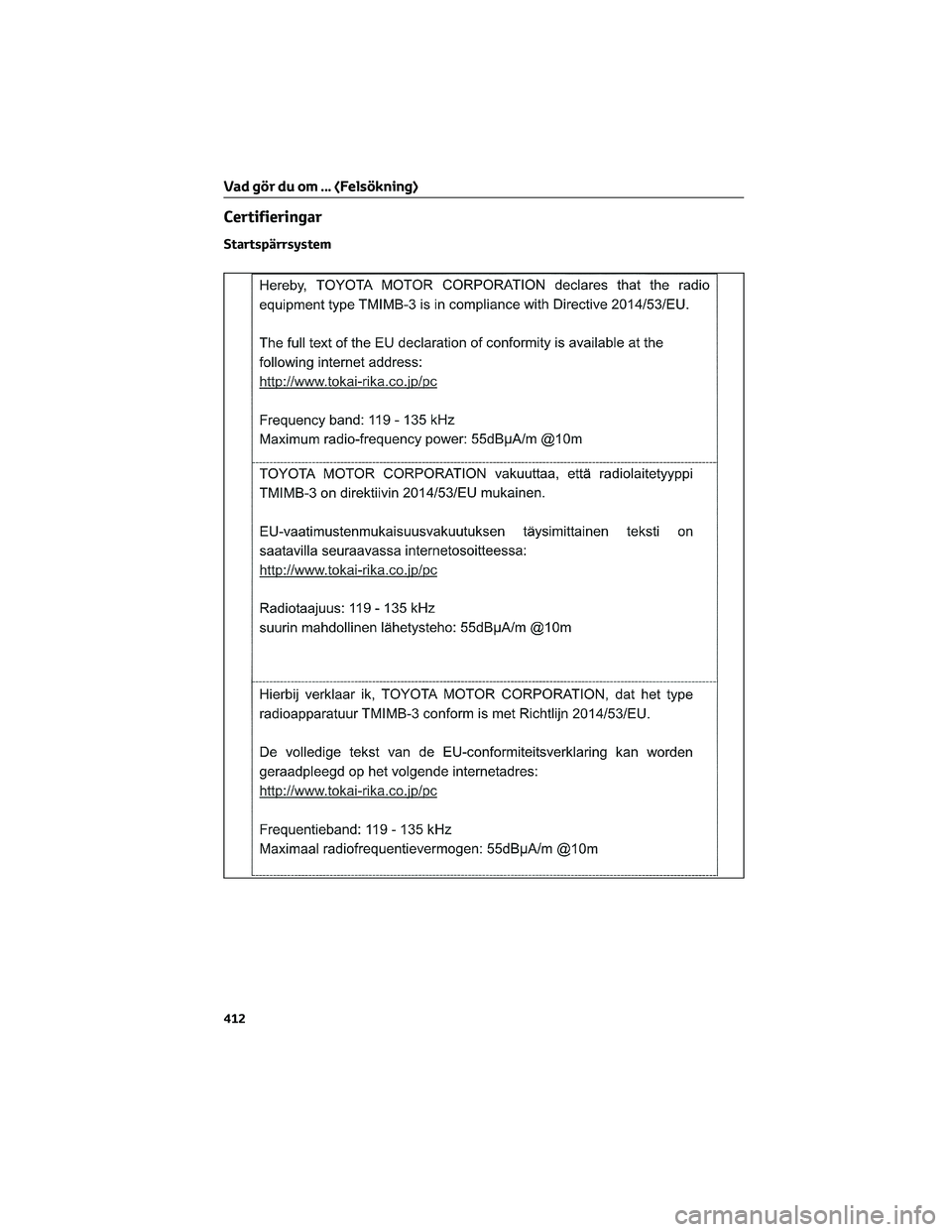 TOYOTA PRIUS 2023 Bruksanvisningar (in Swedish) Certifieringar
Startspärrsystem
Vad gör du om ... (Felsökning)
412 TOYOTA PRIUS 2023 Bruksanvisningar (in Swedish) Certifieringar
Startspärrsystem
Vad gör du om ... (Felsökning)
412