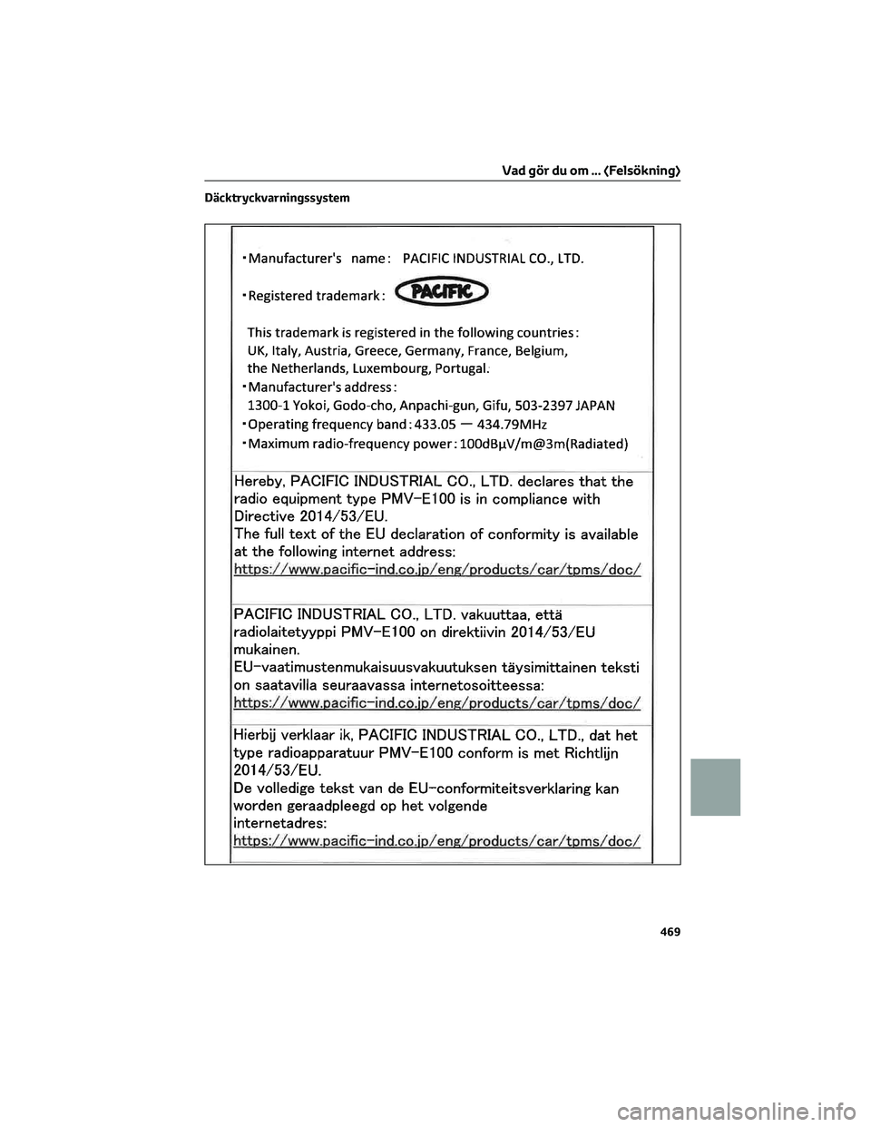 TOYOTA PRIUS 2023 Bruksanvisningar (in Swedish) Däcktryckvarningssystem
Vad gör du om ... (Felsökning)
469 TOYOTA PRIUS 2023 Bruksanvisningar (in Swedish) Däcktryckvarningssystem
Vad gör du om ... (Felsökning)
469