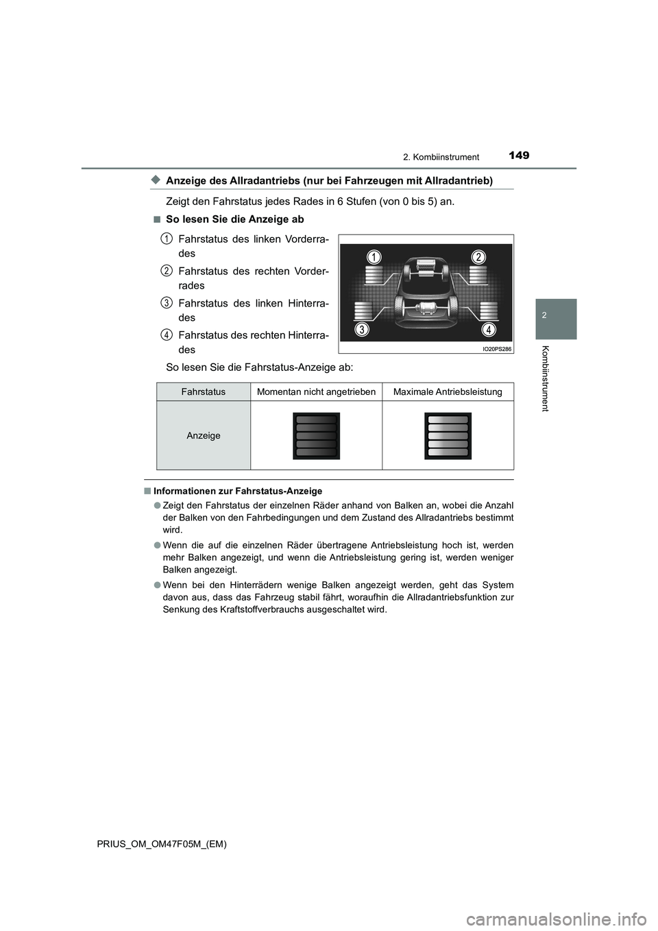 TOYOTA PRIUS 2022  Betriebsanleitungen (in German) 1492. Kombiinstrument
2
Kombiinstrument
PRIUS_OM_OM47F05M_(EM)
�XAnzeige des Allradantriebs (nur bei Fahrzeugen mit Allradantrieb)
Zeigt den Fahrstatus jedes Rades in 6 Stufen (von 0 bis 5) an.
�QSo l