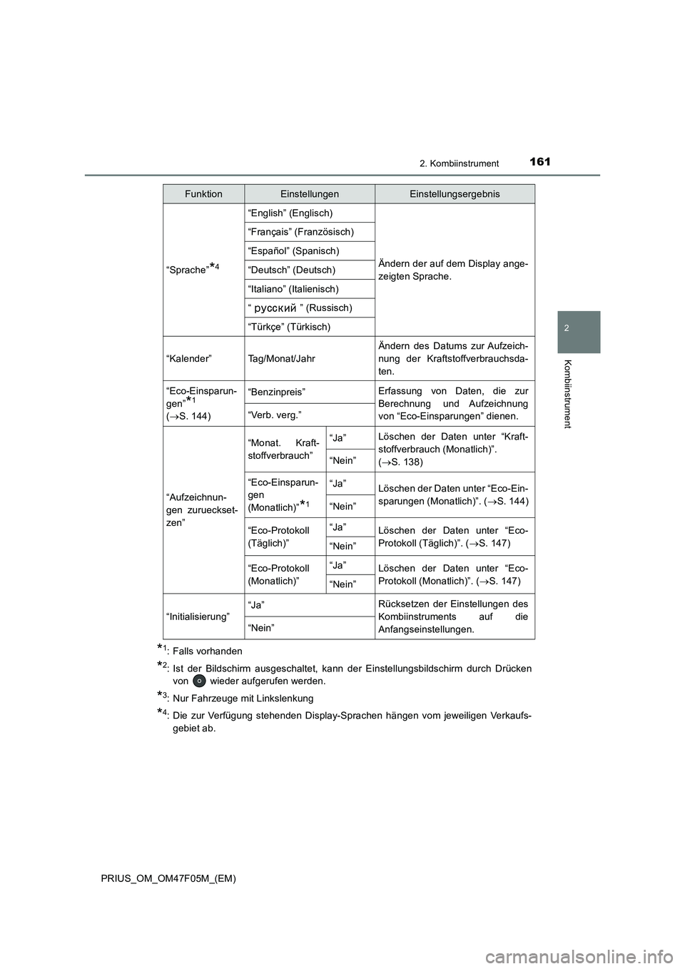 TOYOTA PRIUS 2022  Betriebsanleitungen (in German) 1612. Kombiinstrument
2
Kombiinstrument
PRIUS_OM_OM47F05M_(EM)
*1: Falls vorhanden
*2: Ist der Bildschirm ausgeschaltet, kann der Einstellungsbildschirm durch Drücken
von   wieder aufgerufen werden.
