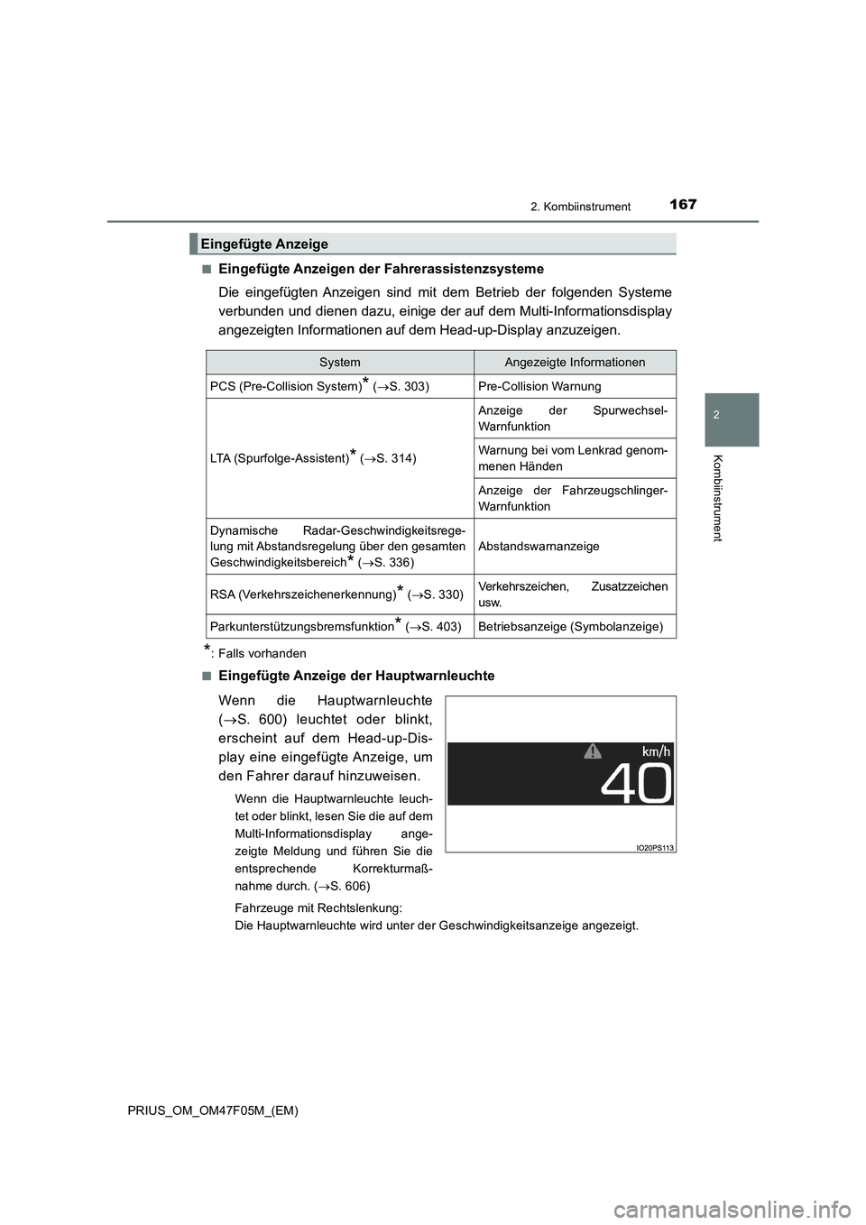 TOYOTA PRIUS 2022  Betriebsanleitungen (in German) 1672. Kombiinstrument
2
Kombiinstrument
PRIUS_OM_OM47F05M_(EM)�Q
Eingefügte Anzeigen der Fahrerassistenzsysteme
Die eingefügten Anzeigen sind mit dem Betrieb der folgenden Systeme
verbunden und dien