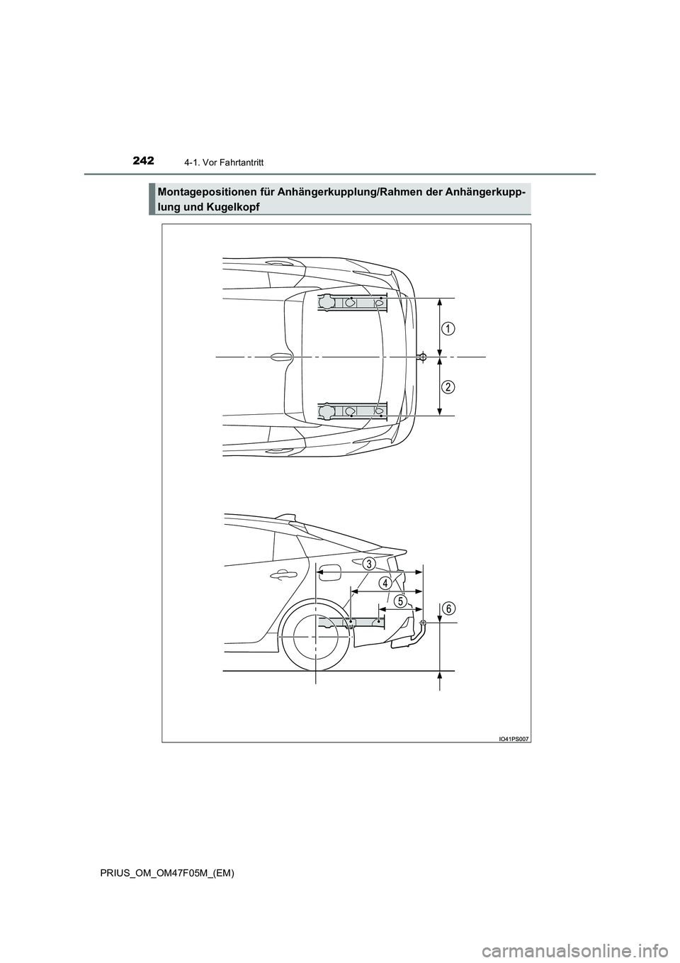TOYOTA PRIUS 2022  Betriebsanleitungen (in German) 2424-1. Vor Fahrtantritt
PRIUS_OM_OM47F05M_(EM)
Montagepositionen für Anhängerkupplung/Rahmen der Anhängerkupp-
lung und Kugelkopf 