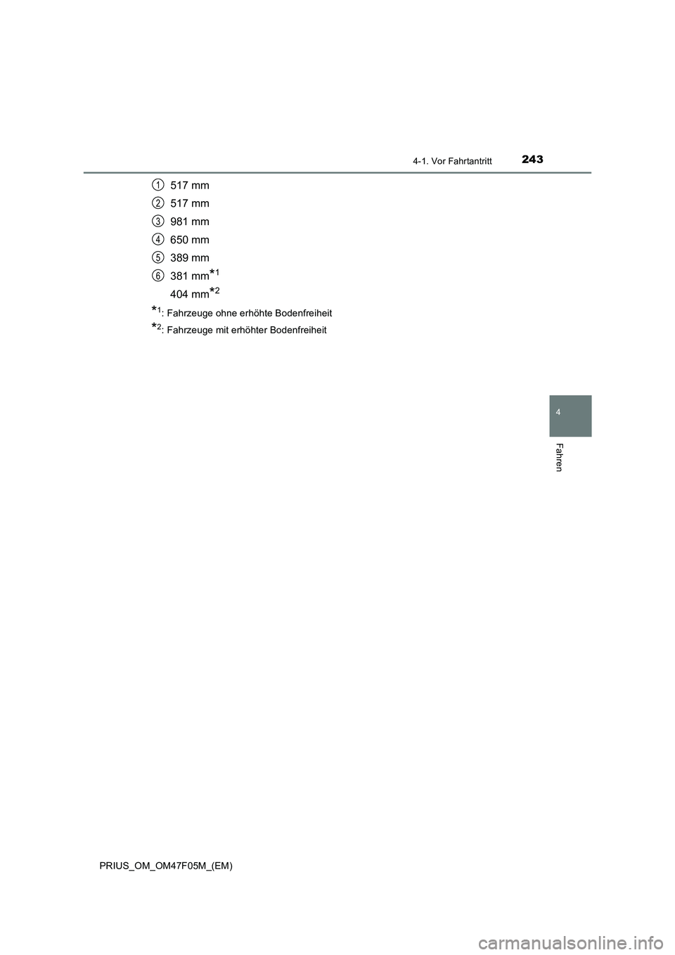 TOYOTA PRIUS 2022  Betriebsanleitungen (in German) 2434-1. Vor Fahrtantritt
4
Fahren
PRIUS_OM_OM47F05M_(EM)
517 mm
517 mm
981 mm
650 mm
389 mm
381 mm
*1
404 mm*2
*1: Fahrzeuge ohne erhöhte Bodenfreiheit
*2: Fahrzeuge mit erhöhter Bodenfreiheit
1
2
3