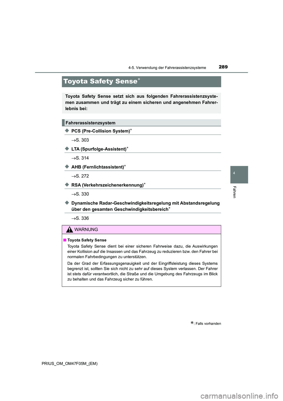 TOYOTA PRIUS 2022  Betriebsanleitungen (in German) 289
4
4-5. Verwendung der Fahrerassistenzsysteme
Fahren
PRIUS_OM_OM47F05M_(EM)
Toyota Safety Sense
�XPCS (Pre-Collision System)
S. 303
�XLTA (Spurfolge-Assistent)
S. 314
�XAHB (Fernlich