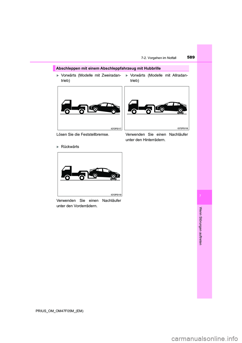 TOYOTA PRIUS 2022  Betriebsanleitungen (in German) 5897-2. Vorgehen im Notfall
PRIUS_OM_OM47F05M_(EM)
7
Wenn Störungen auftreten
Abschleppen mit einem Abschleppfahrzeug mit Hubbrille
Vorwärts (Modelle mit Zweiradan- 
trieb)
Vorwärts (Modelle 