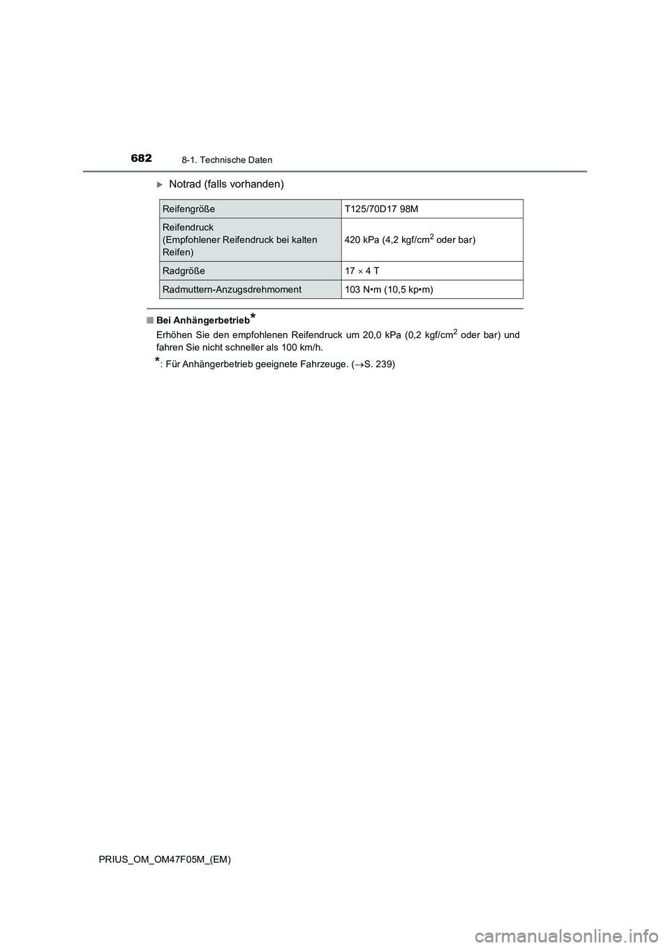 TOYOTA PRIUS 2022  Betriebsanleitungen (in German) 6828-1. Technische Daten
PRIUS_OM_OM47F05M_(EM)
Notrad (falls vorhanden)
�QBei Anhängerbetrieb*
Erhöhen Sie den empfohlenen Reifendruck um 20,0 kPa (0,2 kgf/cm2 oder bar) und
fahren Sie nicht sch