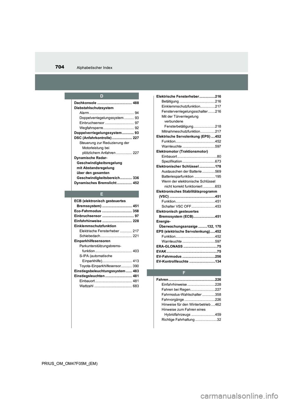 TOYOTA PRIUS 2022  Betriebsanleitungen (in German) 704Alphabetischer Index
PRIUS_OM_OM47F05M_(EM)
Dachkonsole ................................... 488
Diebstahlschutzsystem
Alarm ............................................. 94
Doppelverriegelungssyste