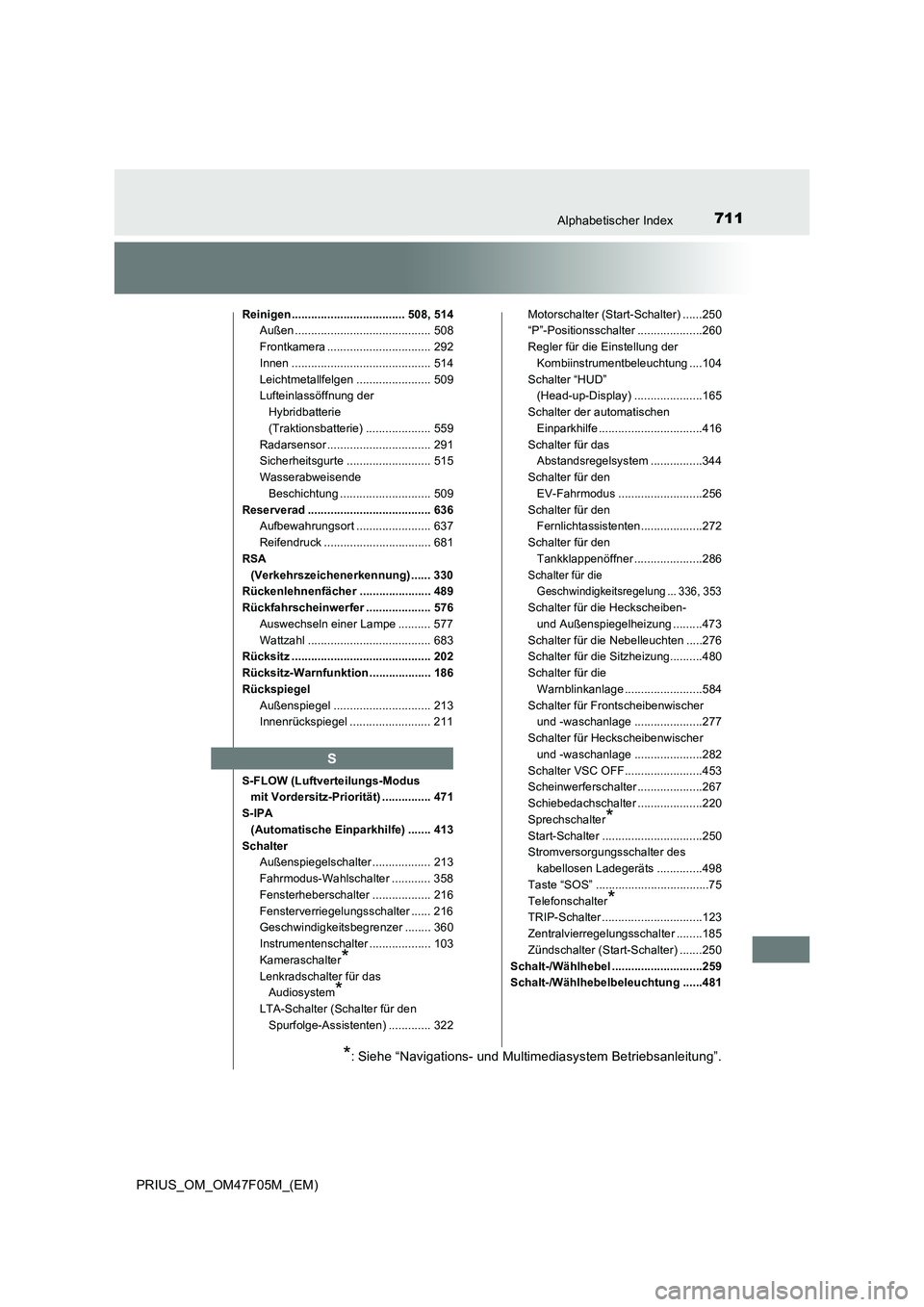 TOYOTA PRIUS 2022  Betriebsanleitungen (in German) 711Alphabetischer Index
PRIUS_OM_OM47F05M_(EM)
Reinigen ................................... 508, 514
Außen .......................................... 508
Frontkamera ................................ 