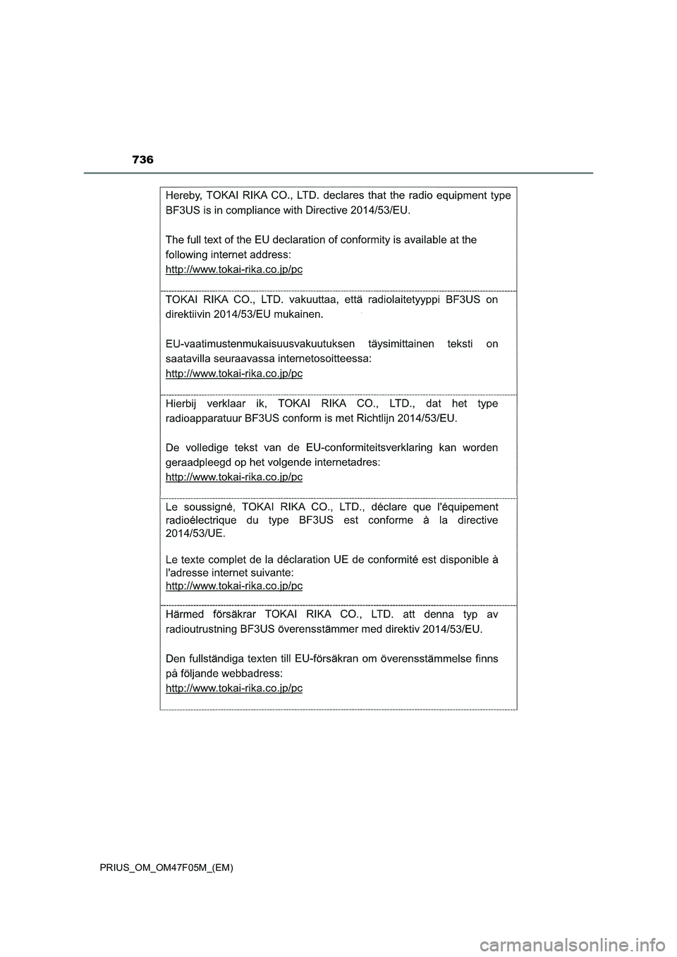 TOYOTA PRIUS 2022  Betriebsanleitungen (in German) 736
PRIUS_OM_OM47F05M_(EM) 