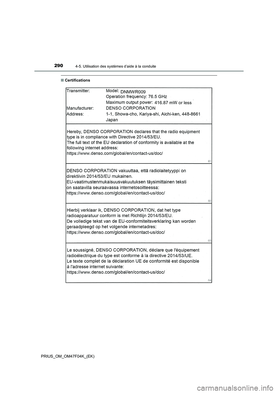 TOYOTA PRIUS 2022  Manuel du propriétaire (in French) 2904-5. Utilisation des systèmes d’aide à la conduite
PRIUS_OM_OM47F04K_(EK)
�QCertifications 