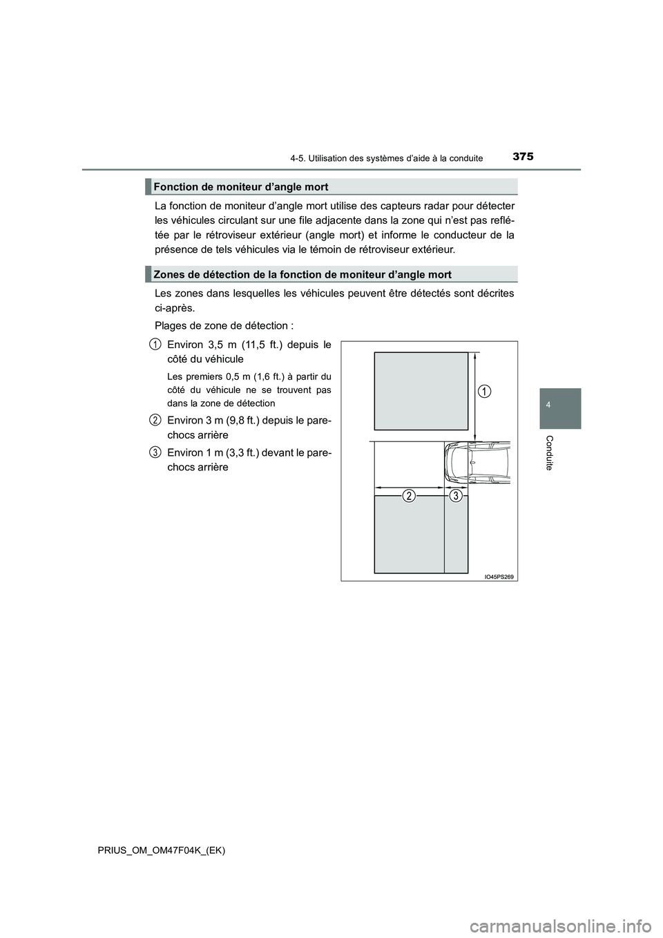 TOYOTA PRIUS 2022  Manuel du propriétaire (in French) 3754-5. Utilisation des systèmes d’aide à la conduite
4
Conduite
PRIUS_OM_OM47F04K_(EK)
La fonction de moniteur d’angle mort utilise des capteurs radar pour détecter
les véhicules circulant su