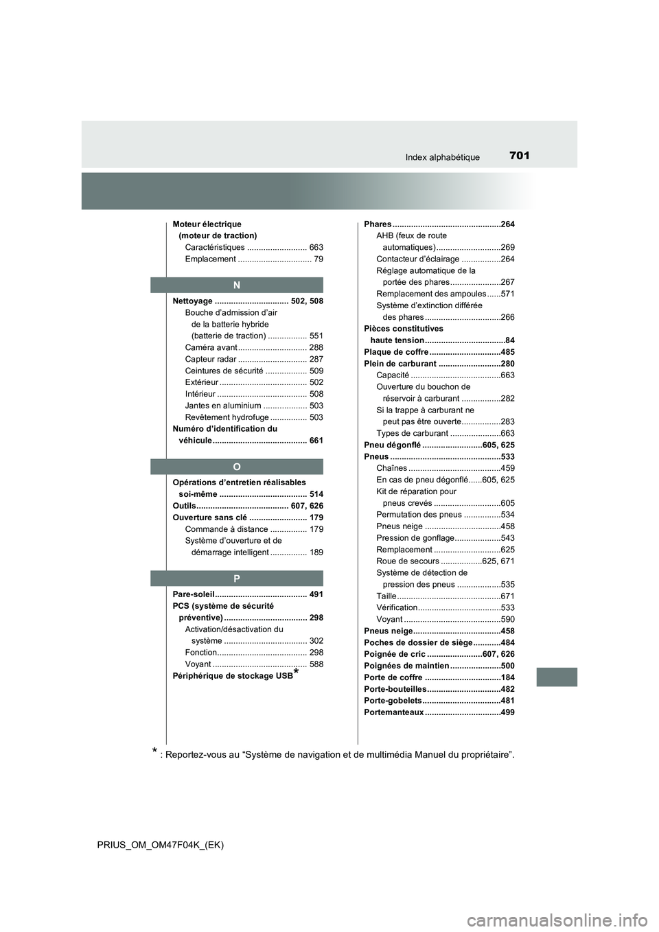TOYOTA PRIUS 2022  Manuel du propriétaire (in French) 701Index alphabétique
PRIUS_OM_OM47F04K_(EK)
Moteur électrique 
(moteur de traction)
Caractéristiques .......................... 663
Emplacement ................................ 79
Nettoyage ......