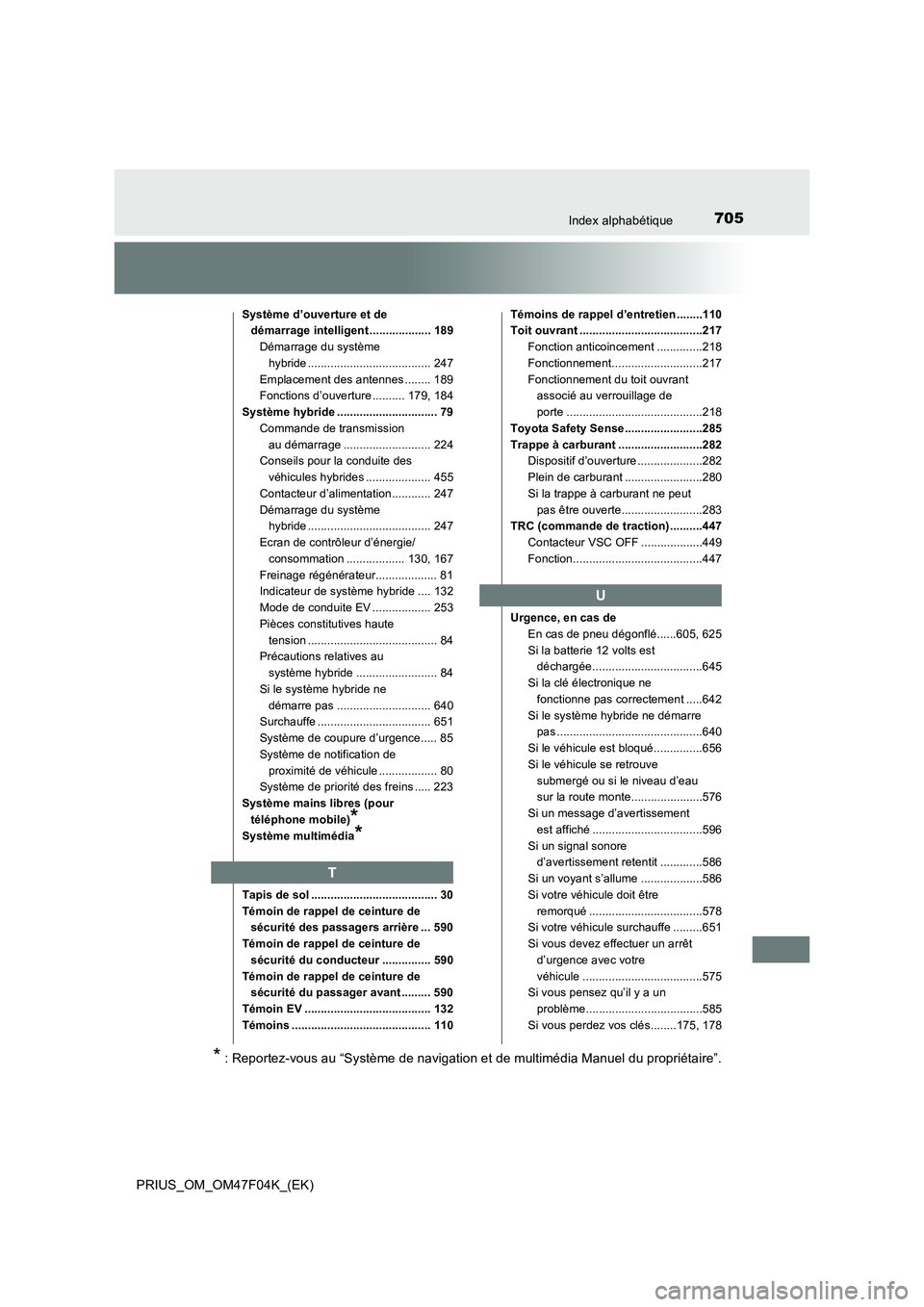 TOYOTA PRIUS 2022  Manuel du propriétaire (in French) 705Index alphabétique
PRIUS_OM_OM47F04K_(EK)
Système d’ouverture et de 
démarrage intelligent ................... 189
Démarrage du système 
hybride ...................................... 247
Em