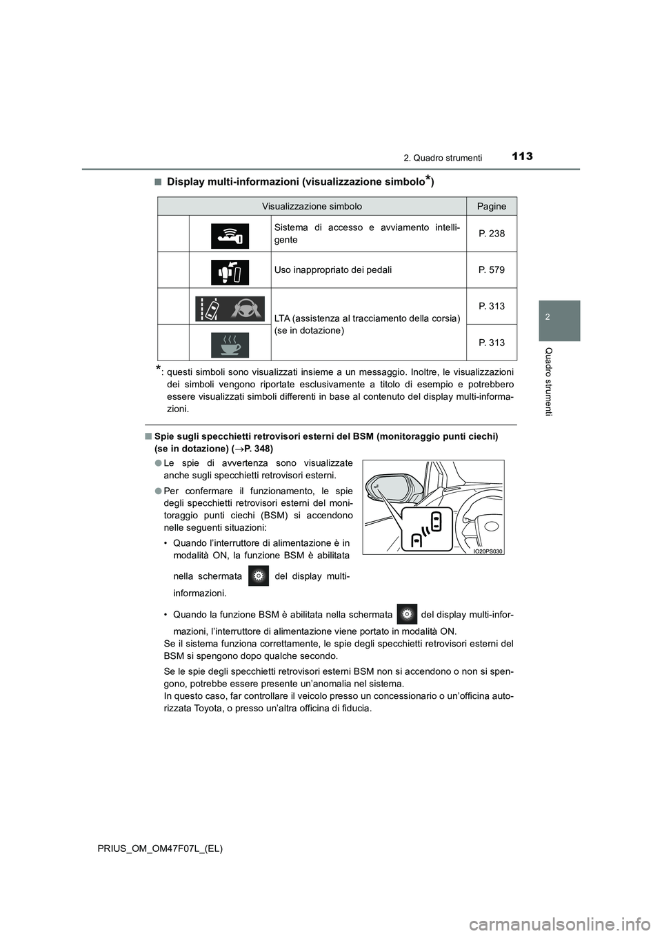 TOYOTA PRIUS 2022  Manuale duso (in Italian) 1132. Quadro strumenti
2
Quadro strumenti
PRIUS_OM_OM47F07L_(EL)�Q
Display multi-informazioni (visualizzazione simbolo*)
*: questi simboli sono visualizzati insieme a un messaggio. Inoltre, le visuali