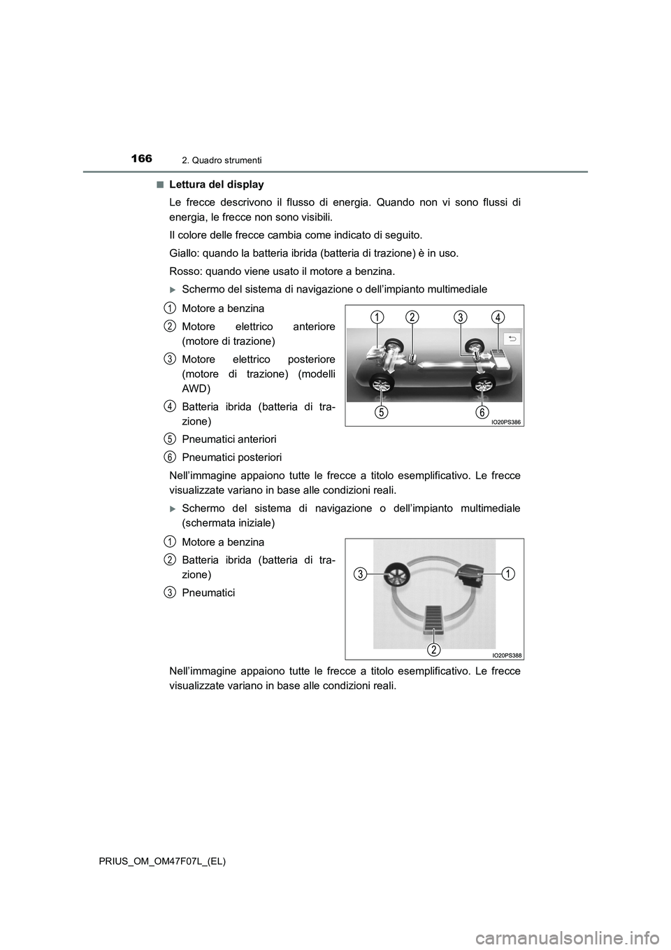 TOYOTA PRIUS 2022  Manuale duso (in Italian) 1662. Quadro strumenti
PRIUS_OM_OM47F07L_(EL)�Q
Lettura del display
Le frecce descrivono il flusso di energia. Quando non vi sono flussi di
energia, le frecce non sono visibili.
Il colore delle frecce