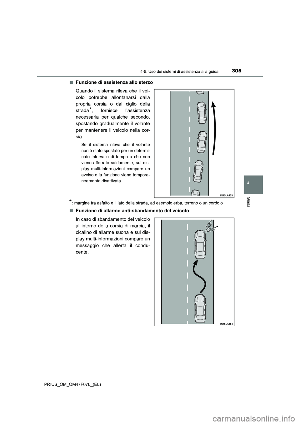 TOYOTA PRIUS 2022  Manuale duso (in Italian) 3054-5. Uso dei sistemi di assistenza alla guida
4
Guida
PRIUS_OM_OM47F07L_(EL)�Q
Funzione di assistenza allo sterzo
Quando il sistema rileva che il vei-
colo potrebbe allontanarsi dalla
propria corsi