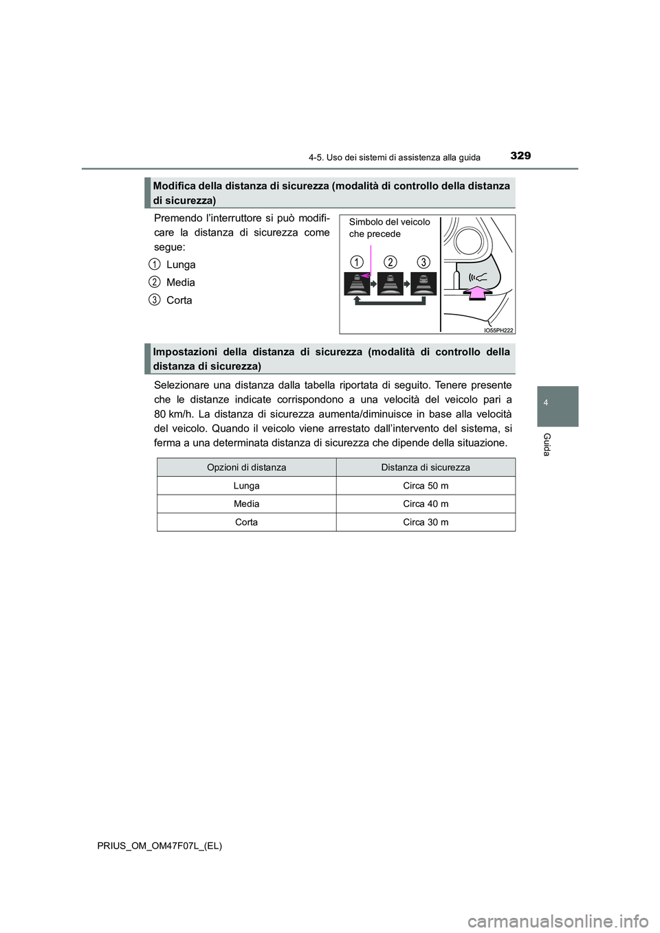 TOYOTA PRIUS 2022 Manuale duso (in Italian) 3294-5. Uso dei sistemi di assistenza alla guida
4
Guida
PRIUS_OM_OM47F07L_(EL)
Premendo l’interruttore si può modifi-
care la distanza di sicurezza come
segue:
Lunga
Media
Corta
Selezionare u TOYOTA PRIUS 2022 Manuale duso (in Italian) 3294-5. Uso dei sistemi di assistenza alla guida
4
Guida
PRIUS_OM_OM47F07L_(EL)
Premendo l’interruttore si può modifi-
care la distanza di sicurezza come
segue:
Lunga
Media
Corta
Selezionare u