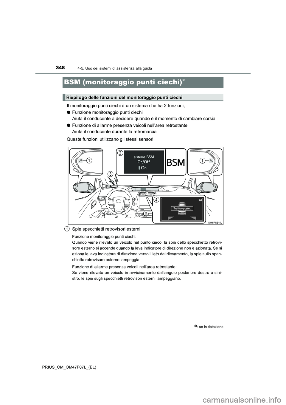 TOYOTA PRIUS 2022  Manuale duso (in Italian) 3484-5. Uso dei sistemi di assistenza alla guida
PRIUS_OM_OM47F07L_(EL)
BSM (monitoraggio punti ciechi)
Il monitoraggio punti ciechi è un sistema che ha 2 funzioni;
�OFunzione monitoraggio punti c