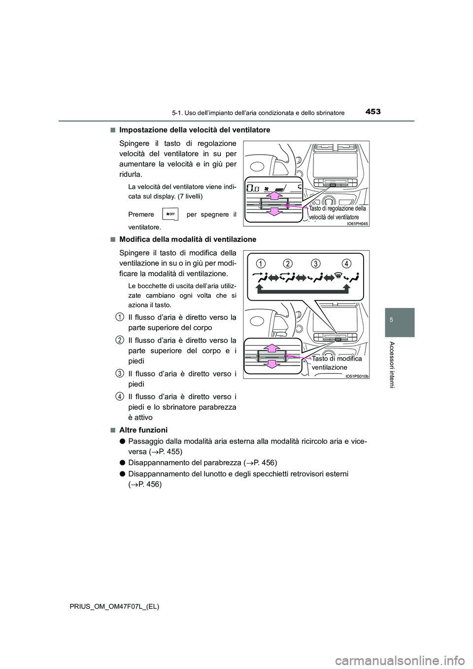 TOYOTA PRIUS 2022  Manuale duso (in Italian) 4535-1. Uso dell’impianto dell’aria condizionata e dello sbrinatore
PRIUS_OM_OM47F07L_(EL)
5
Accessori interni
�QImpostazione della velocità del ventilatore 
Spingere il tasto di regolazione 
vel