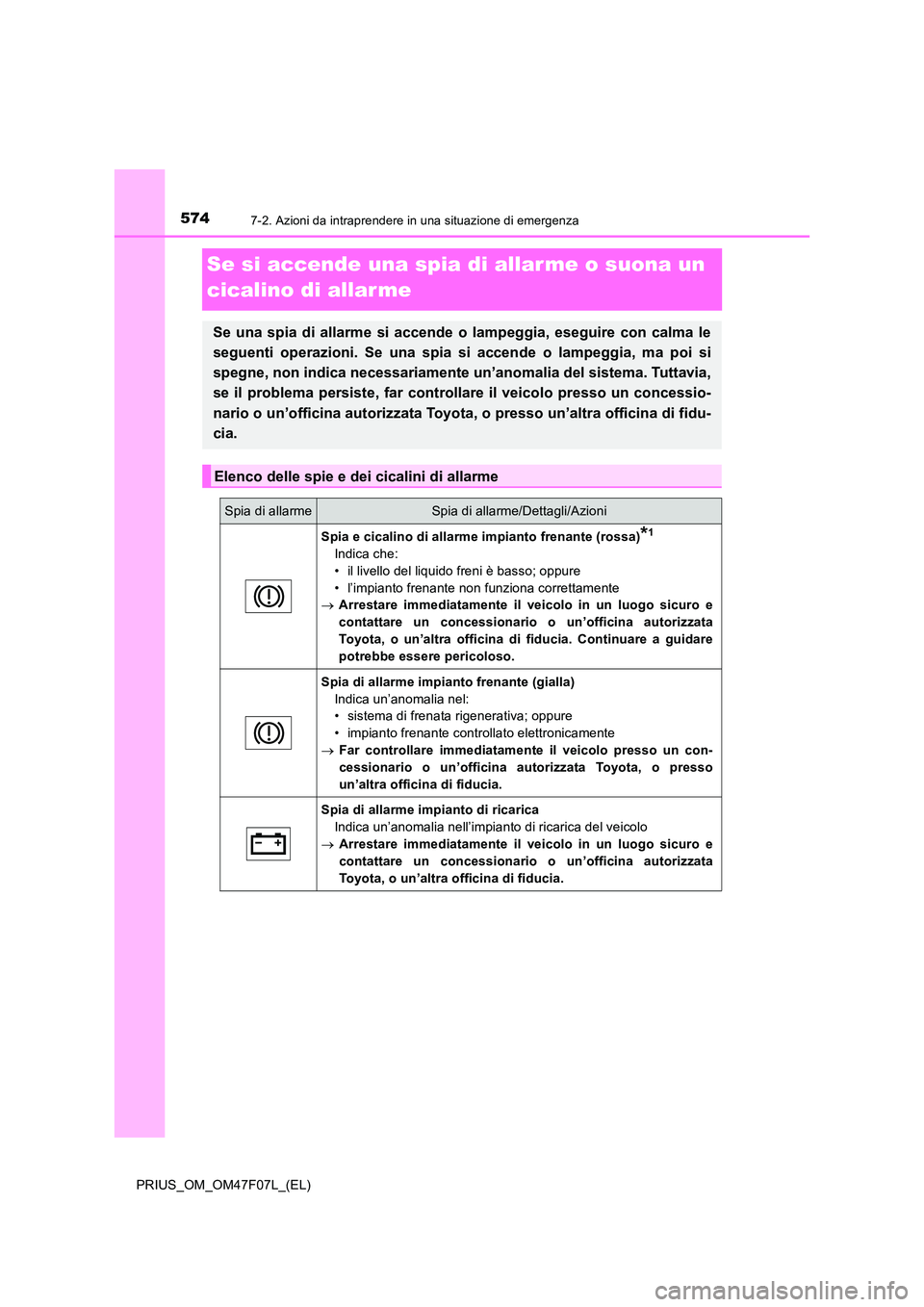 TOYOTA PRIUS 2022  Manuale duso (in Italian) 5747-2. Azioni da intraprendere in una situazione di emergenza
PRIUS_OM_OM47F07L_(EL)
Se si accende una spia di allar me o suona un  
cicalino di allar me
Se una spia di allarme si accende o lampeggia
