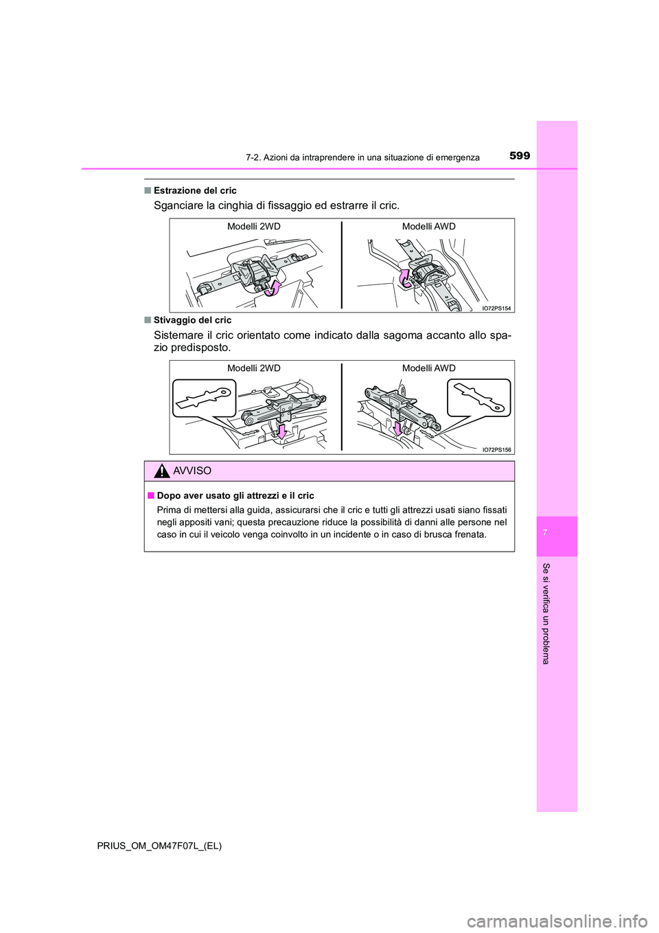 TOYOTA PRIUS 2022  Manuale duso (in Italian) 5997-2. Azioni da intraprendere in una situazione di emergenza
PRIUS_OM_OM47F07L_(EL)
7
Se si verifica un problema
�QEstrazione del cric
Sganciare la cinghia di fissaggio ed estrarre il cric.
�QStivag