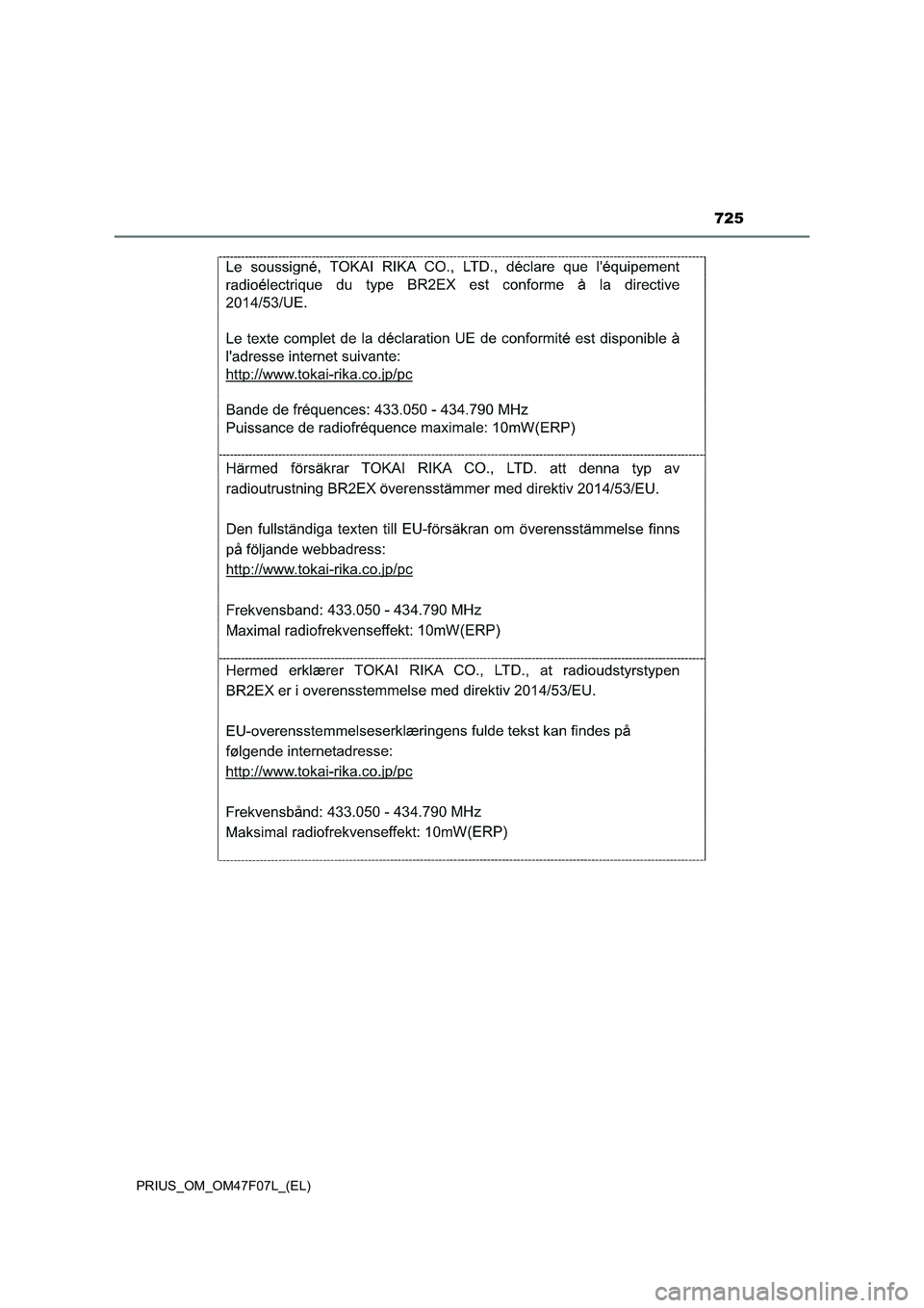 TOYOTA PRIUS 2022 Manuale duso (in Italian) 725
PRIUS_OM_OM47F07L_(EL) TOYOTA PRIUS 2022 Manuale duso (in Italian) 725
PRIUS_OM_OM47F07L_(EL)