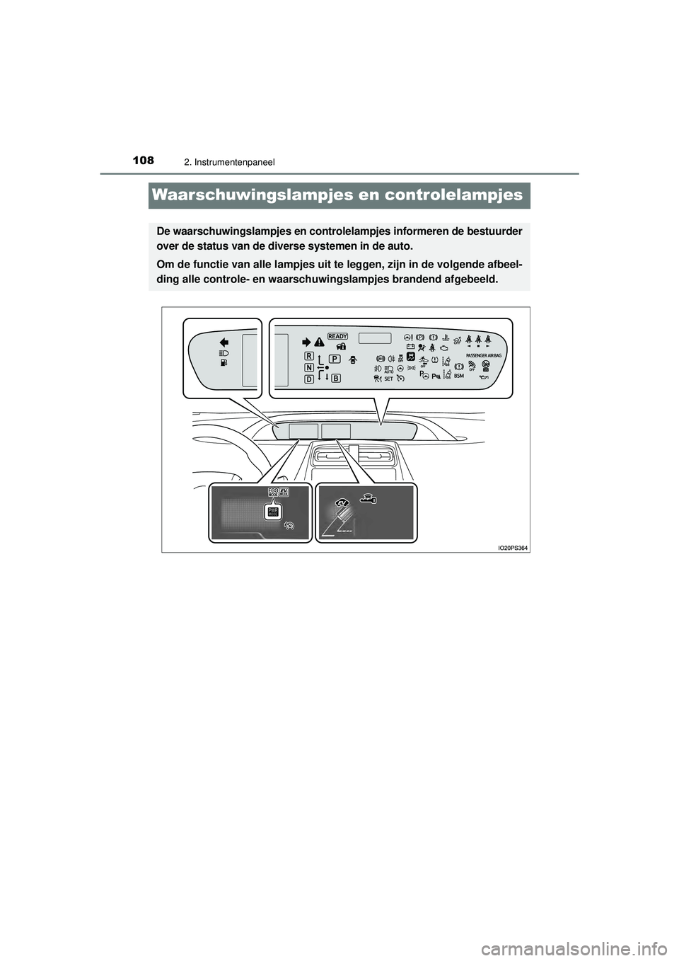 TOYOTA PRIUS 2022 Instructieboekje (in Dutch) 1082. Instrumentenpaneel
PRIUS_OM_OM47F03E_(EE)
Waarschuwingslampjes en controlelampjes
De waarschuwingslampjes en controlelampjes informeren de bestuurder
over de status van de diverse systemen in de TOYOTA PRIUS 2022 Instructieboekje (in Dutch) 1082. Instrumentenpaneel
PRIUS_OM_OM47F03E_(EE)
Waarschuwingslampjes en controlelampjes
De waarschuwingslampjes en controlelampjes informeren de bestuurder
over de status van de diverse systemen in de