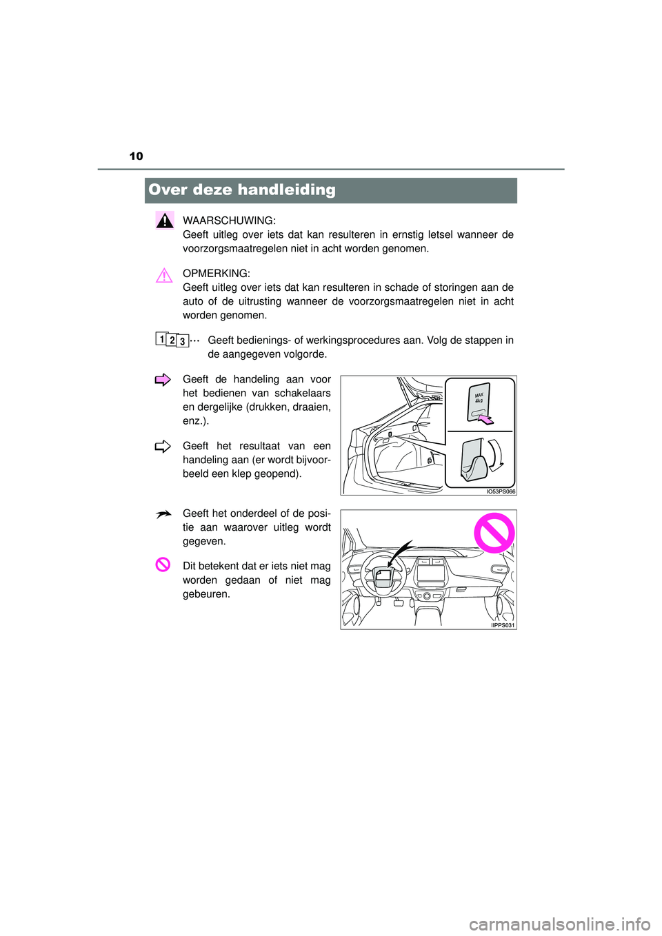 TOYOTA PRIUS 2022  Instructieboekje (in Dutch) 10
PRIUS_OM_OM47F03E_(EE)
Over deze handleiding
WAARSCHUWING: 
Geeft uitleg over iets dat kan resulteren in ernstig letsel wanneer de
voorzorgsmaatregelen niet in acht worden genomen.
OPMERKING: 
Geef