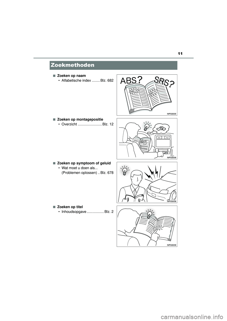 TOYOTA PRIUS 2022  Instructieboekje (in Dutch) 11
PRIUS_OM_OM47F03E_(EE)
Zoekmethoden
■Zoeken op naam• Alfabetische index ........ Blz. 682
■Zoeken op montagepositie• Overzicht ........................ Blz. 12
■Zoeken op symptoom of gelu