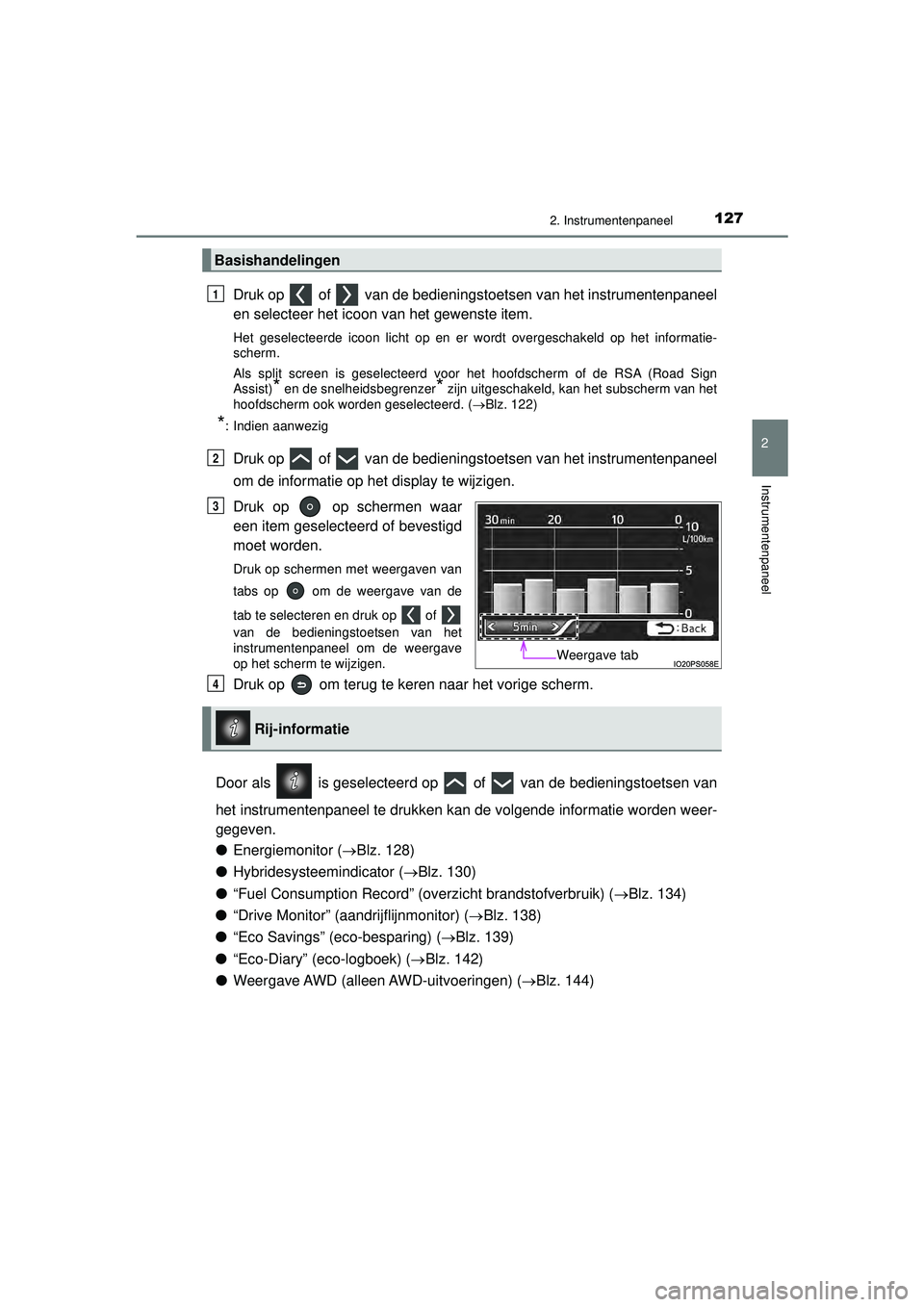 TOYOTA PRIUS 2022 Instructieboekje (in Dutch) 1272. Instrumentenpaneel
2
Instrumentenpaneel
PRIUS_OM_OM47F03E_(EE)
Druk op of van de bedieningstoetsen van het instrumentenpaneel
en selecteer het icoon van het gewenste item.
Het geselecteerde TOYOTA PRIUS 2022 Instructieboekje (in Dutch) 1272. Instrumentenpaneel
2
Instrumentenpaneel
PRIUS_OM_OM47F03E_(EE)
Druk op of van de bedieningstoetsen van het instrumentenpaneel
en selecteer het icoon van het gewenste item.
Het geselecteerde