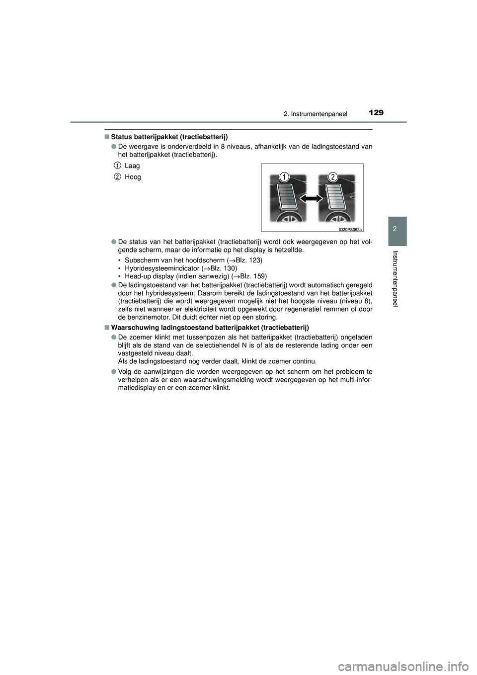TOYOTA PRIUS 2022 Instructieboekje (in Dutch) 1292. Instrumentenpaneel
2
Instrumentenpaneel
PRIUS_OM_OM47F03E_(EE)
■Status batterijpakket (tractiebatterij)
●De weergave is onderverdeeld in 8 niveaus, afhankelijk van de ladingstoestand van
het TOYOTA PRIUS 2022 Instructieboekje (in Dutch) 1292. Instrumentenpaneel
2
Instrumentenpaneel
PRIUS_OM_OM47F03E_(EE)
■Status batterijpakket (tractiebatterij)
●De weergave is onderverdeeld in 8 niveaus, afhankelijk van de ladingstoestand van
het