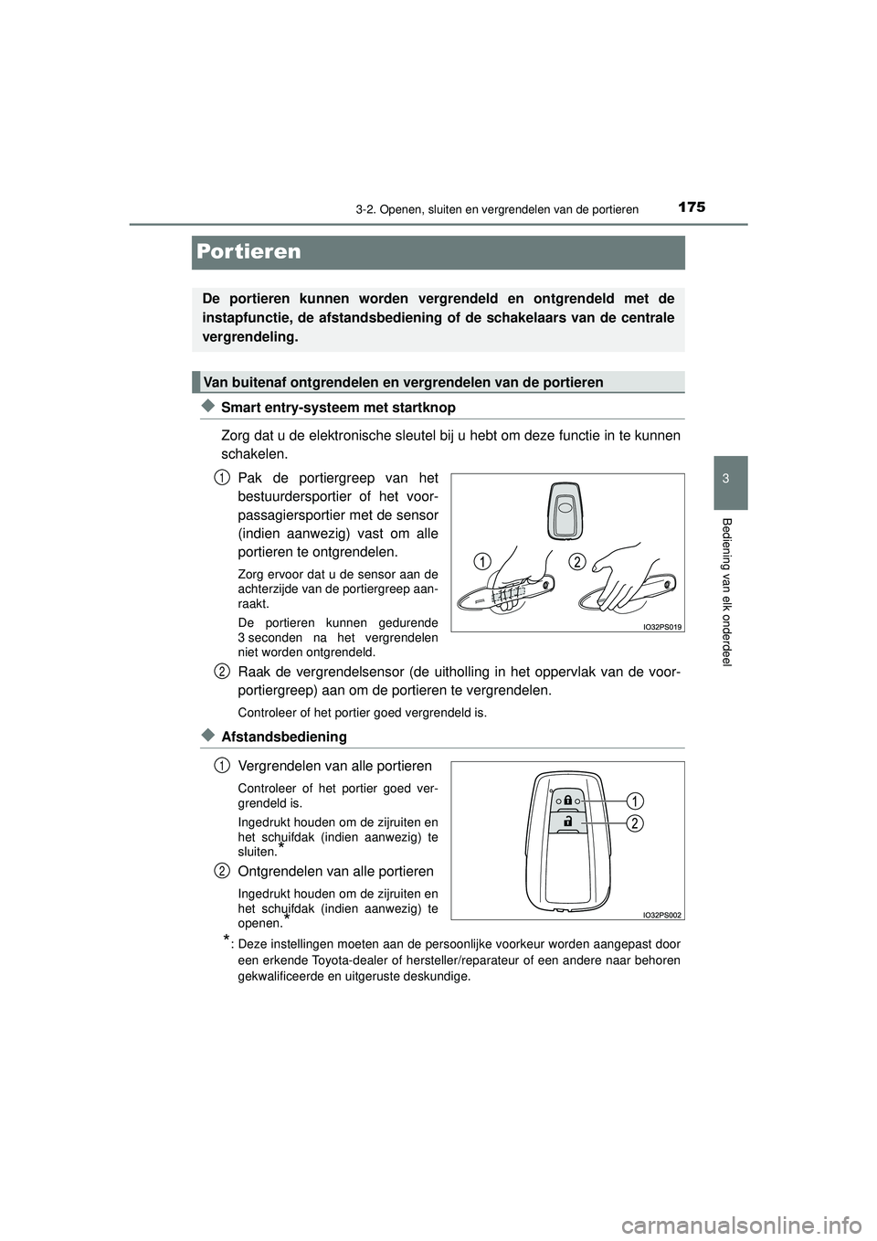 TOYOTA PRIUS 2022  Instructieboekje (in Dutch) 175
3
3-2. Openen, sluiten en vergrendelen van de portieren
Bediening van elk onderdeel
PRIUS_OM_OM47F03E_(EE)
Por tieren
◆Smart entry-systeem met startknop
Zorg dat u de elektronische sleutel bij u
