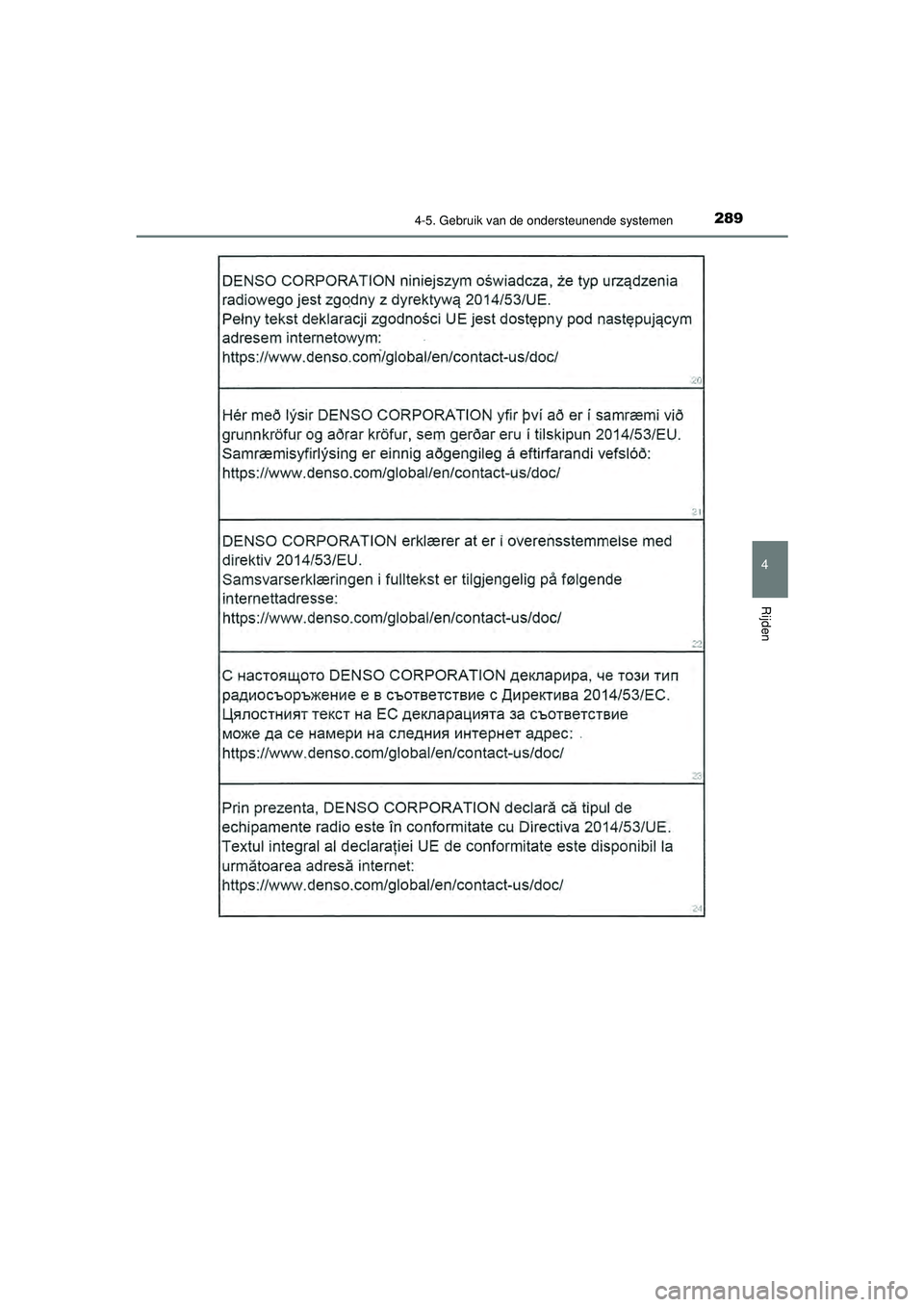 TOYOTA PRIUS 2022 Instructieboekje (in Dutch) 2894-5. Gebruik van de ondersteunende systemen
4
Rijden
PRIUS_OM_OM47F03E_(EE)
PRIUS_OM_OM47F03E_(EE).book Page 289 Thursday, May 6, 2021 12:21 PM TOYOTA PRIUS 2022 Instructieboekje (in Dutch) 2894-5. Gebruik van de ondersteunende systemen
4
Rijden
PRIUS_OM_OM47F03E_(EE)
PRIUS_OM_OM47F03E_(EE).book Page 289 Thursday, May 6, 2021 12:21 PM