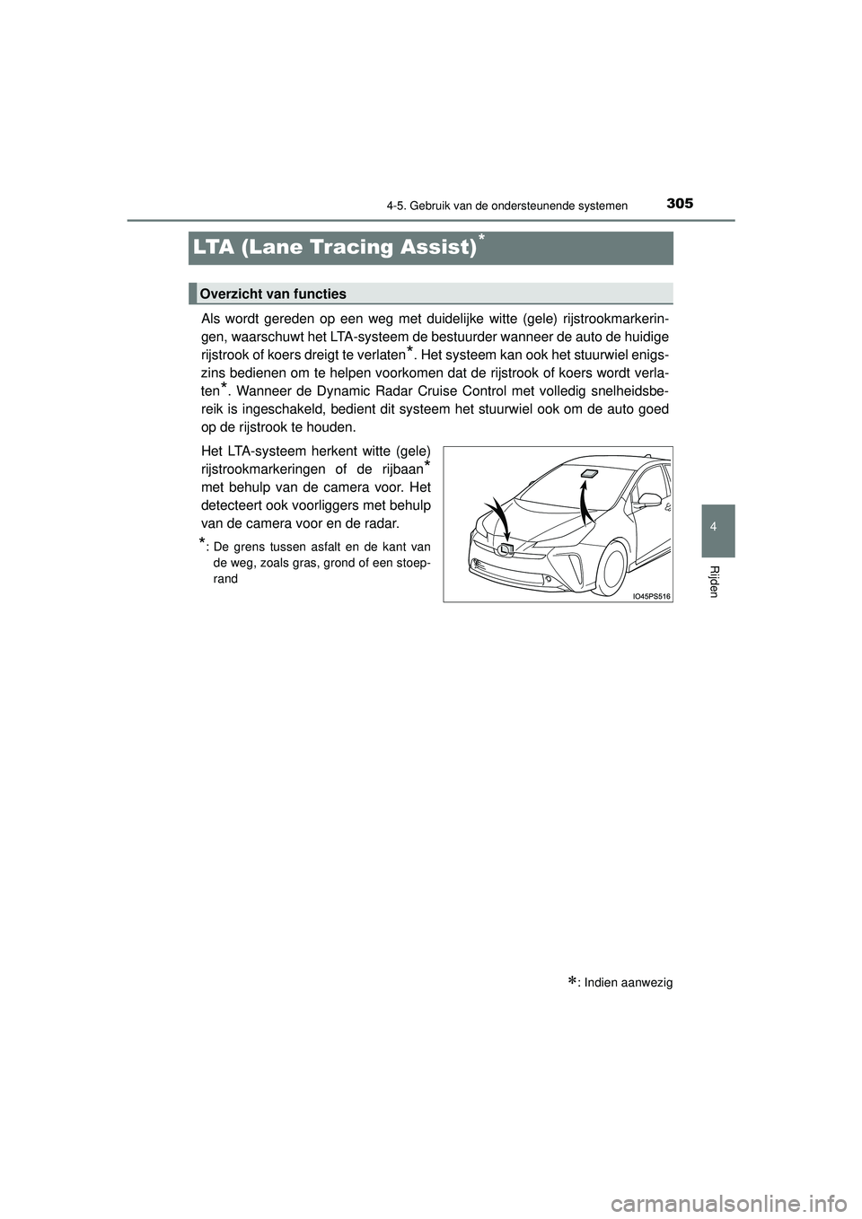 TOYOTA PRIUS 2022 Instructieboekje (in Dutch) 305
4
4-5. Gebruik van de ondersteunende systemen
Rijden
PRIUS_OM_OM47F03E_(EE)
LTA (Lane Tracing Assist)*
Als wordt gereden op een weg met duidelijke witte (gele) rijstrookmarkerin-
gen, waarschuwt h TOYOTA PRIUS 2022 Instructieboekje (in Dutch) 305
4
4-5. Gebruik van de ondersteunende systemen
Rijden
PRIUS_OM_OM47F03E_(EE)
LTA (Lane Tracing Assist)*
Als wordt gereden op een weg met duidelijke witte (gele) rijstrookmarkerin-
gen, waarschuwt h